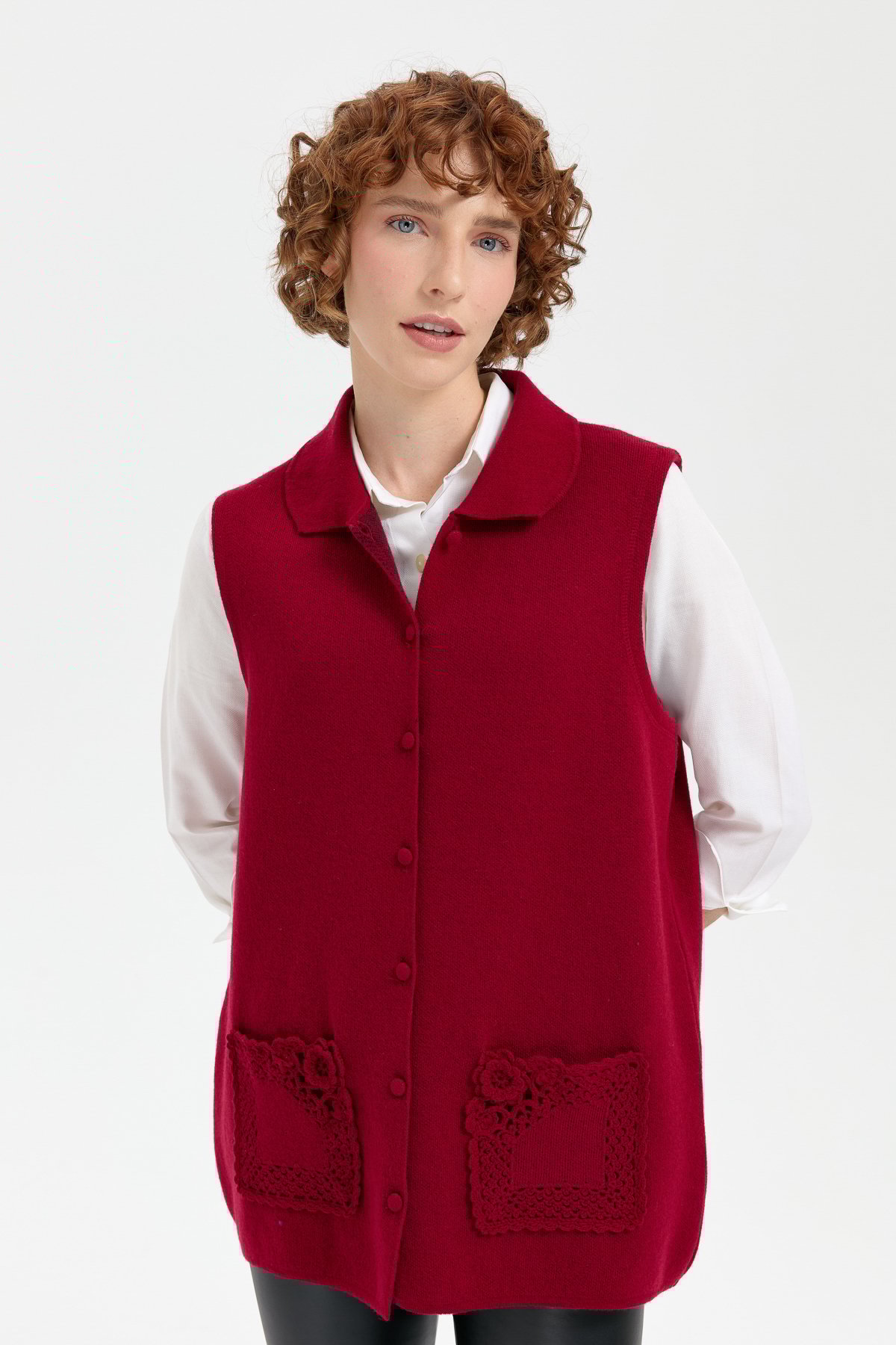 24014Kadın Polo Yaka Düğmeli Kısa Yün Yelek V.Çürüğü