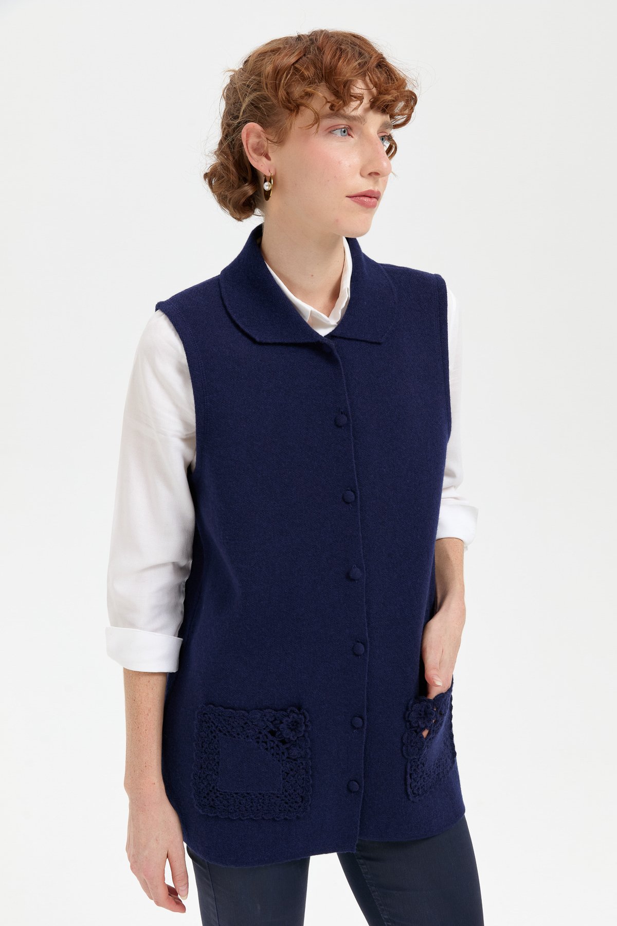 24014Kadın Polo Yaka Düğmeli Kısa Yün Yelek Y.A Lacivert