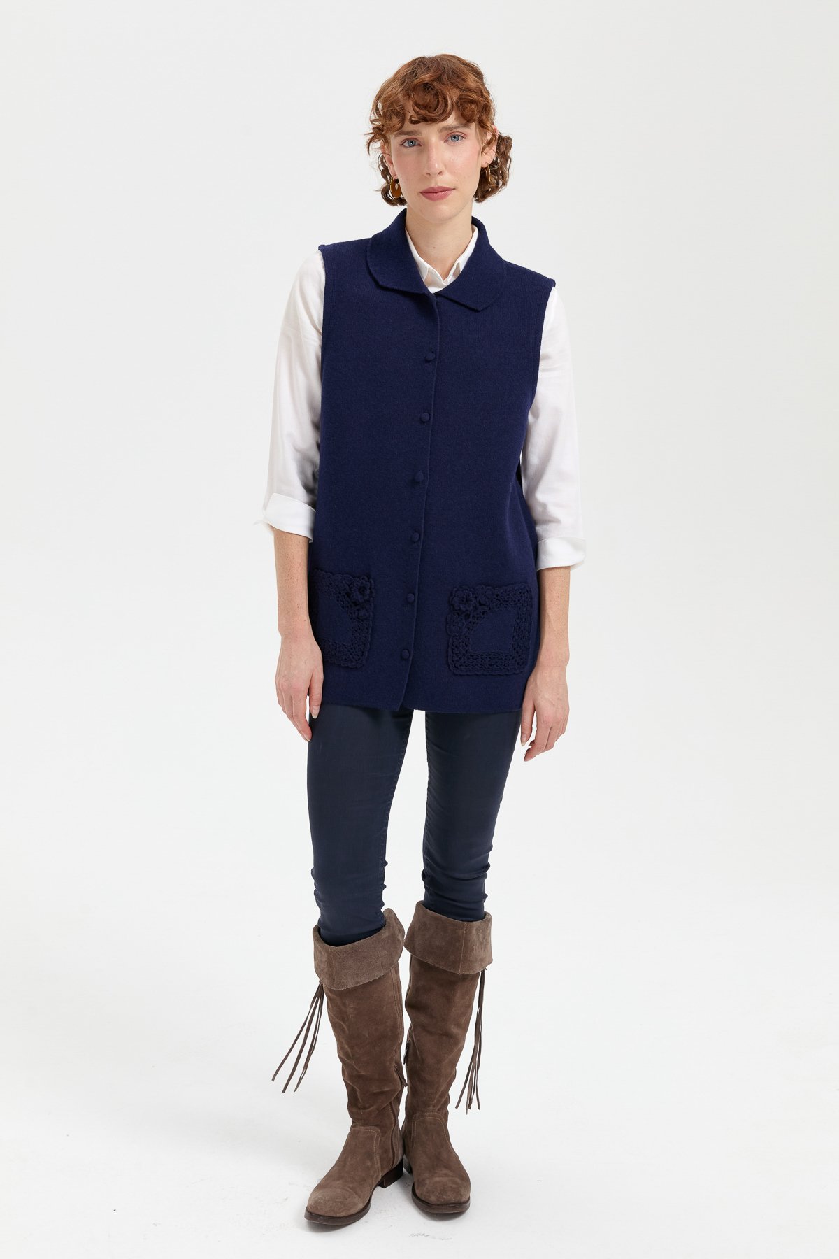 24014Kadın Polo Yaka Düğmeli Kısa Yün Yelek Y.A Lacivert