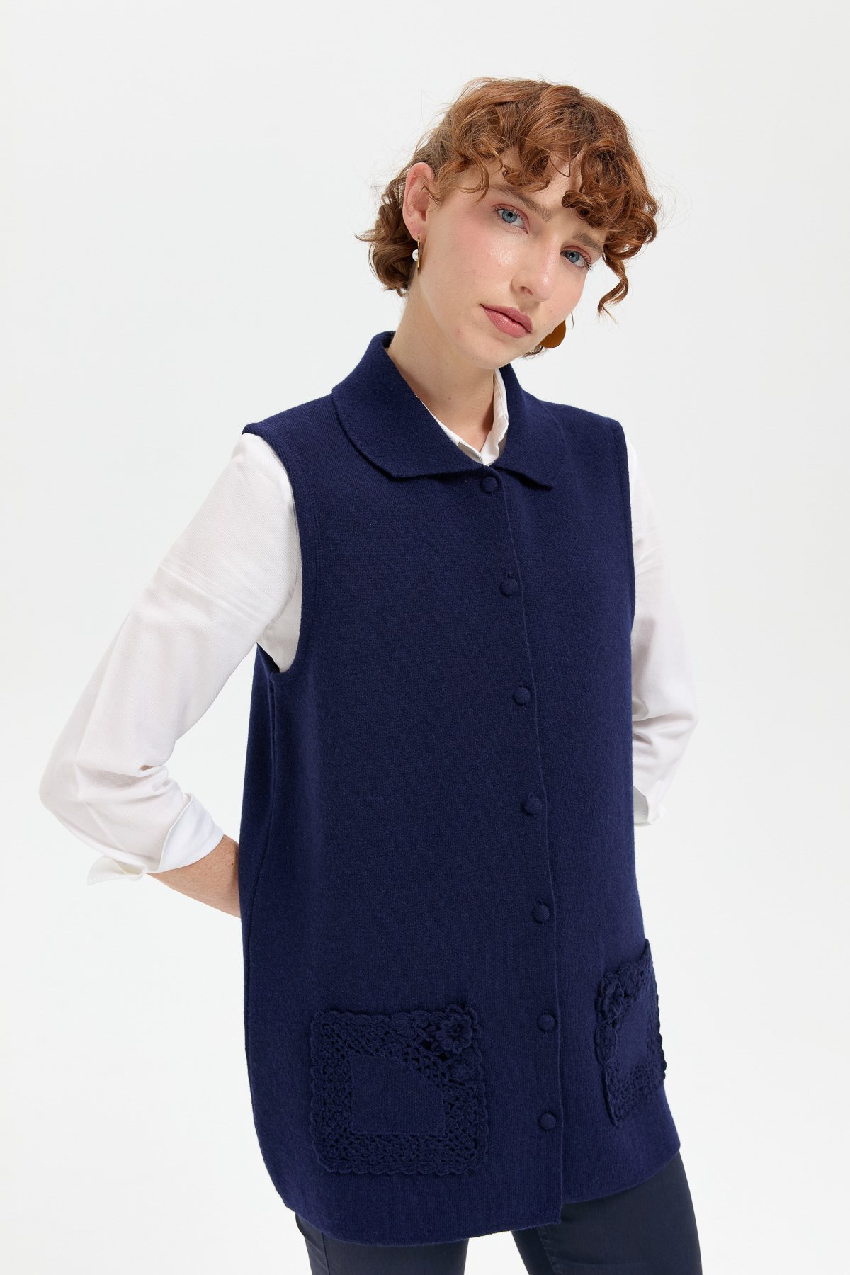 24014Kadın Polo Yaka Düğmeli Kısa Yün Yelek Y.A Lacivert
