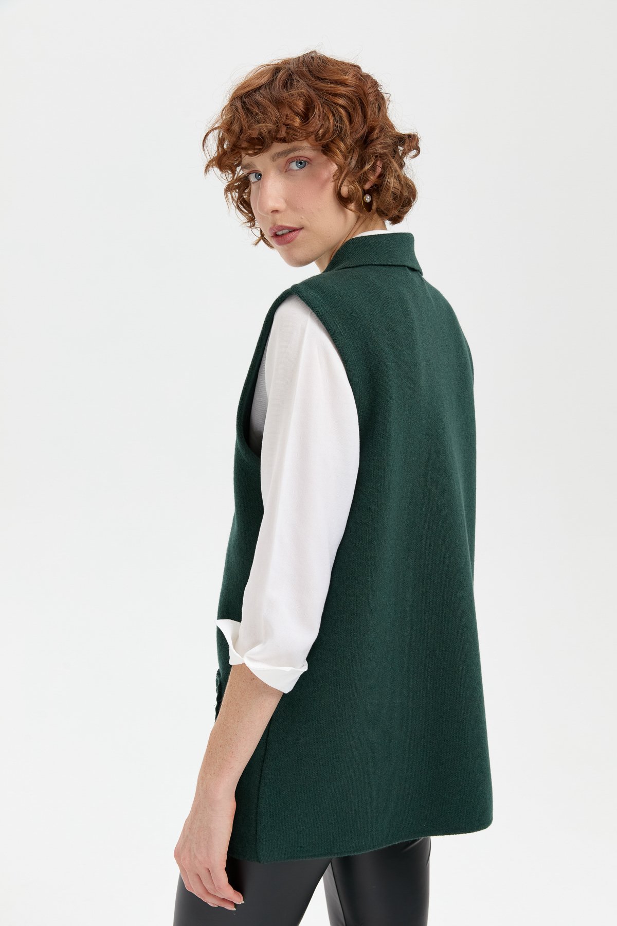 24014Kadın Polo Yaka Düğmeli Kısa Yün Yelek Yeşil