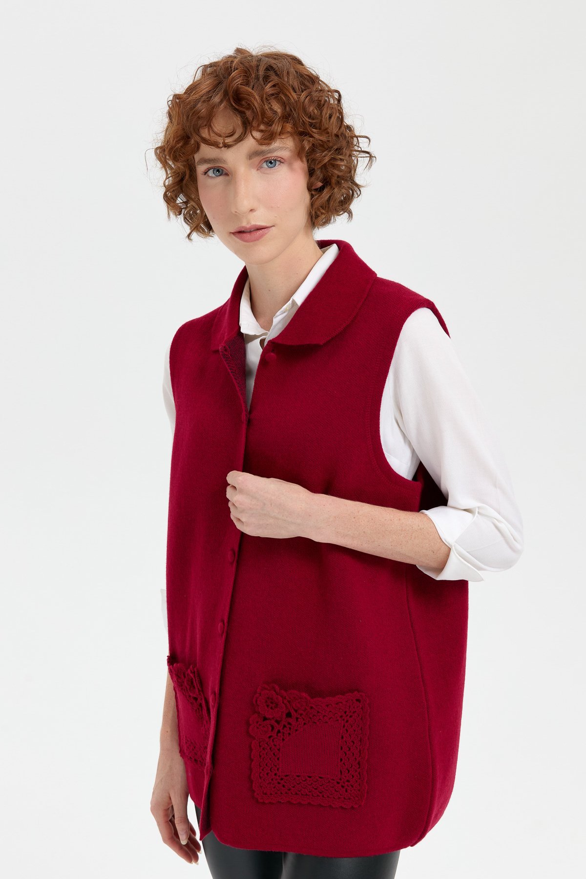 24014Kadın Polo Yaka Düğmeli Kısa Yün Yelek V.Çürüğü