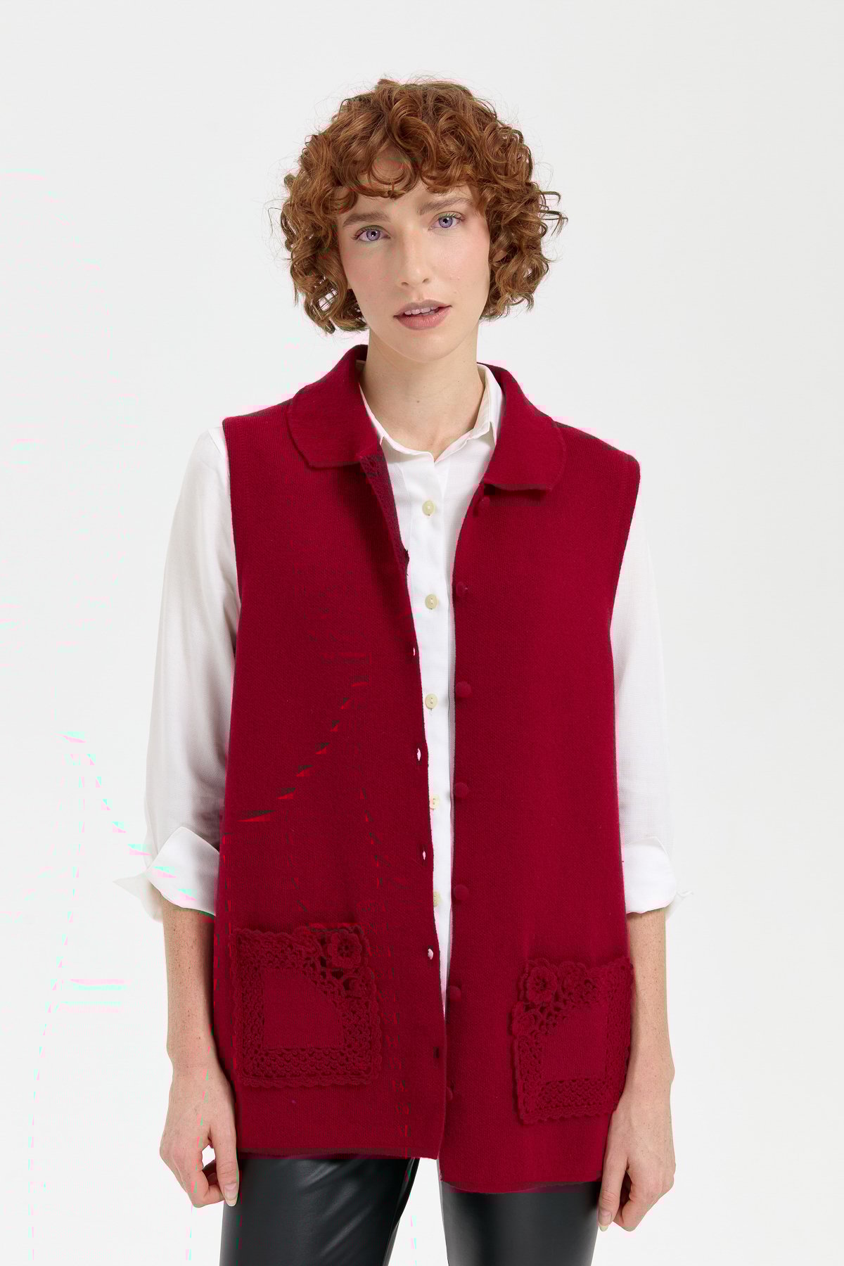 24014Kadın Polo Yaka Düğmeli Kısa Yün Yelek V.Çürüğü