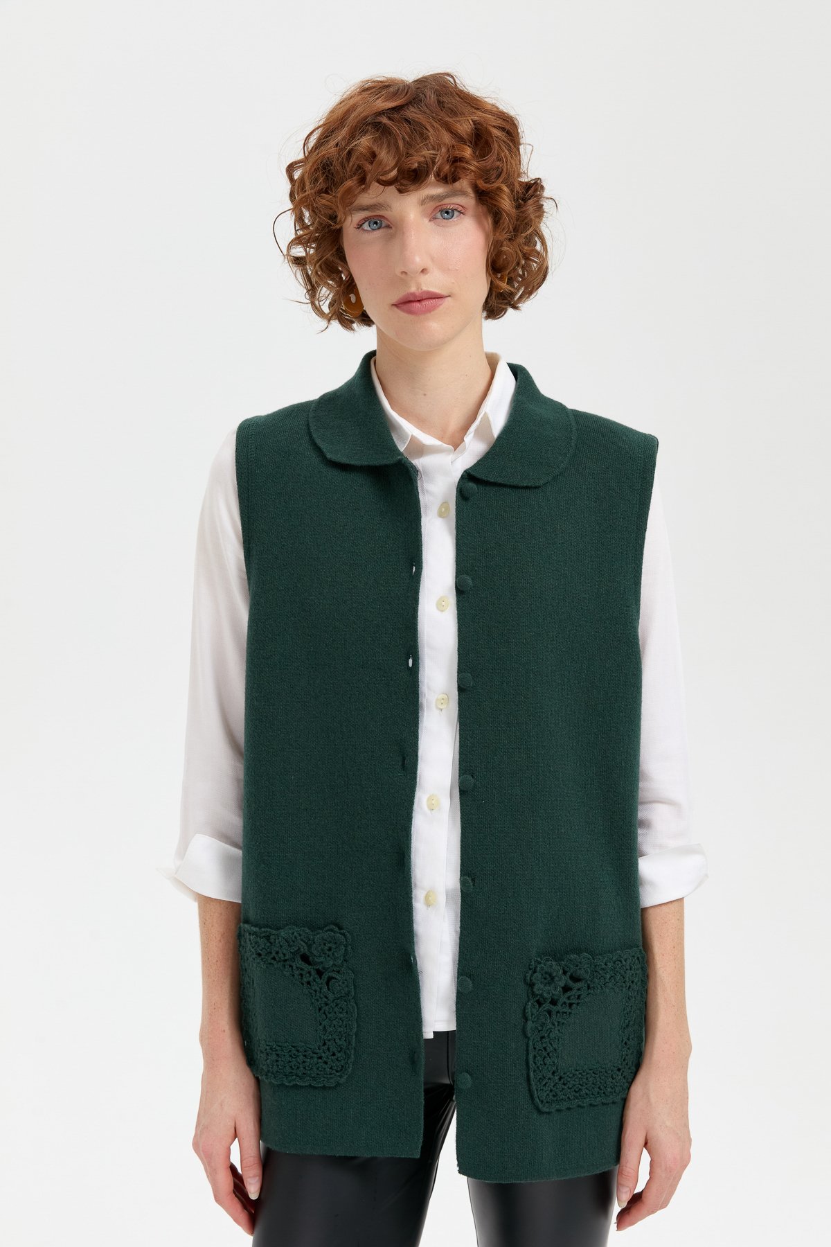 24014Kadın Polo Yaka Düğmeli Kısa Yün Yelek Yeşil