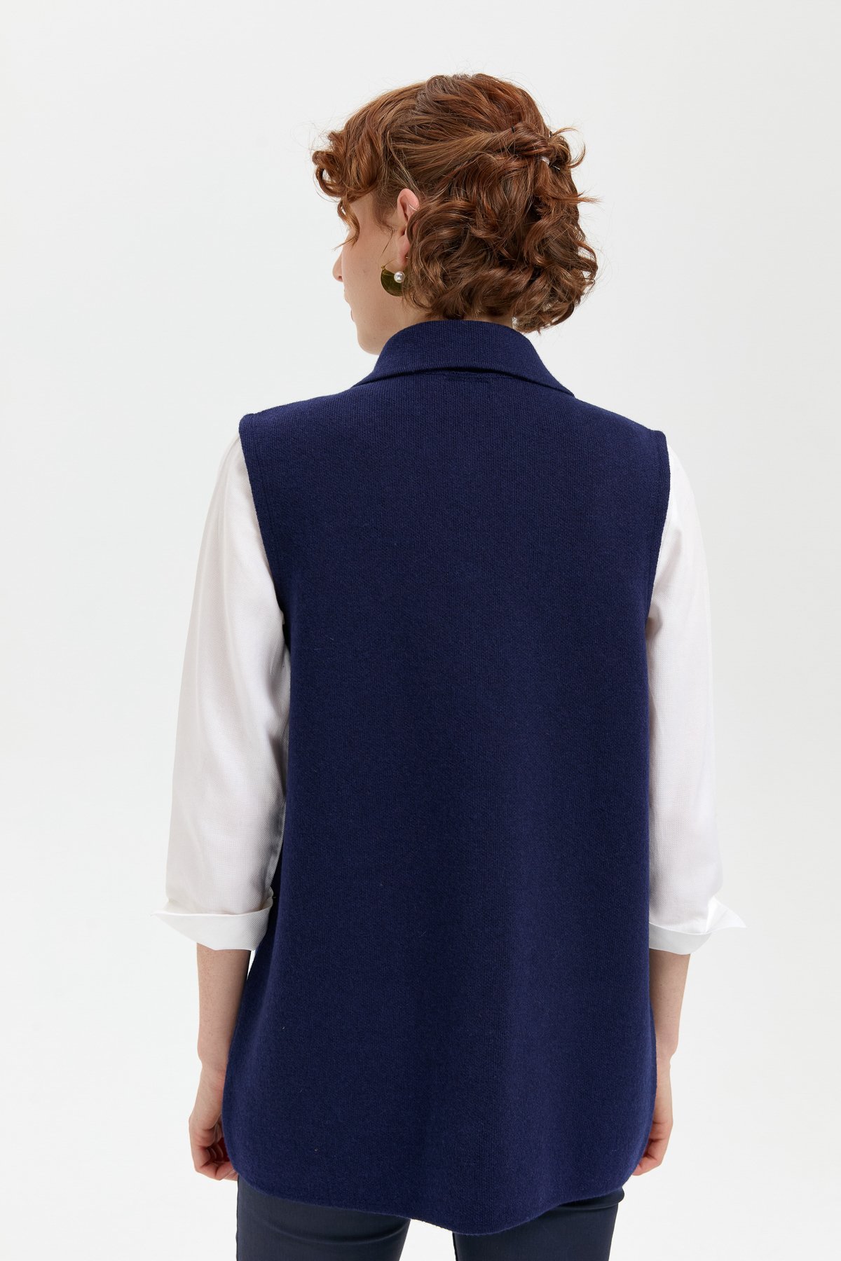24014Kadın Polo Yaka Düğmeli Kısa Yün Yelek Y.A Lacivert