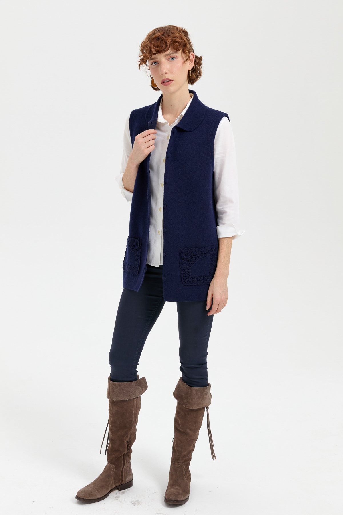 24014Kadın Polo Yaka Düğmeli Kısa Yün Yelek Y.A Lacivert