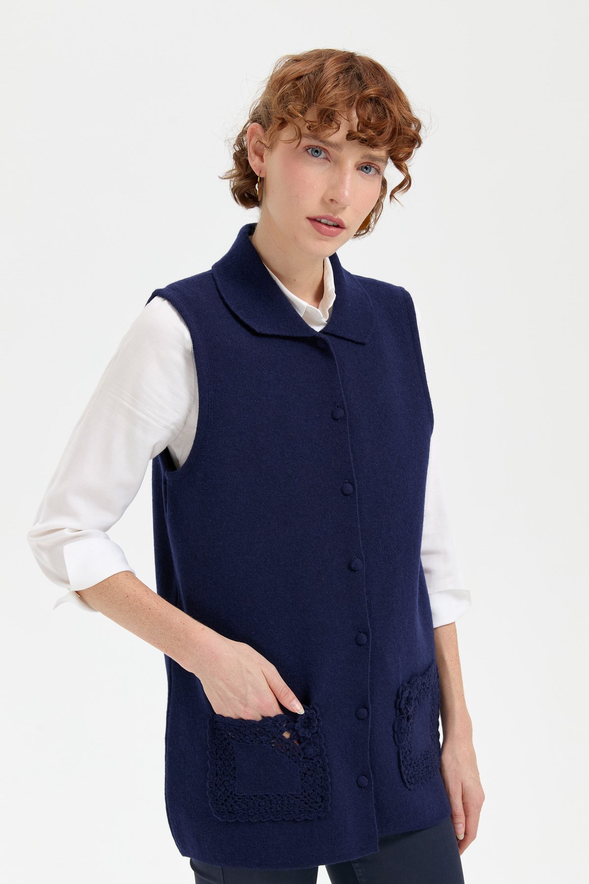 24014Kadın Polo Yaka Düğmeli Kısa Yün Yelek Y.A Lacivert