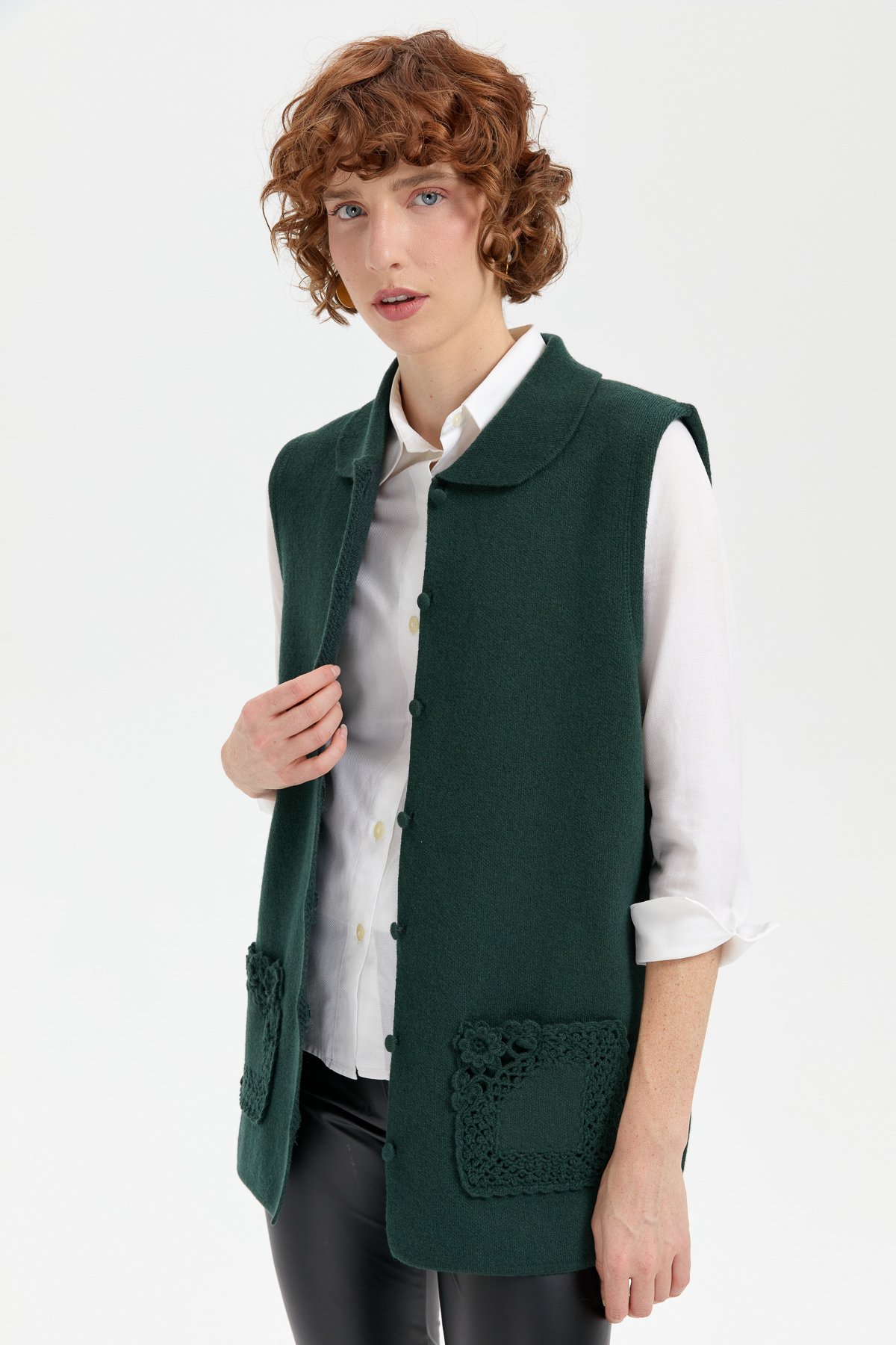 24014Kadın Polo Yaka Düğmeli Kısa Yün Yelek Yeşil