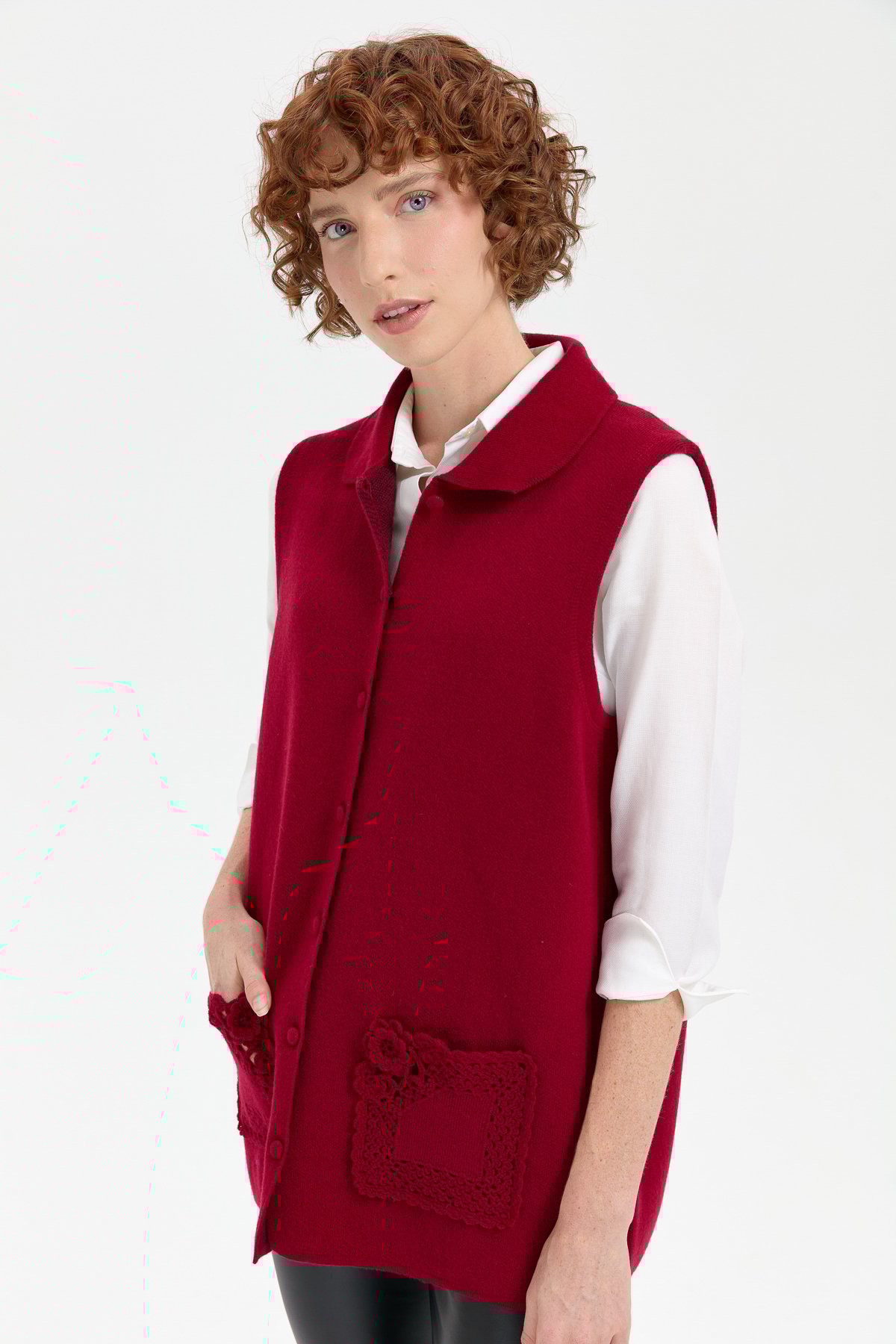 24014Kadın Polo Yaka Düğmeli Kısa Yün Yelek V.Çürüğü