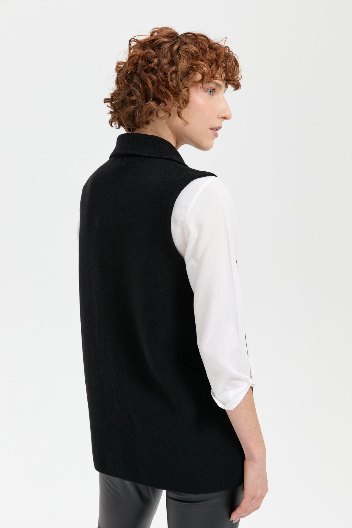 24014Kadın Polo Yaka Düğmeli Kısa Yün Yelek Siyah