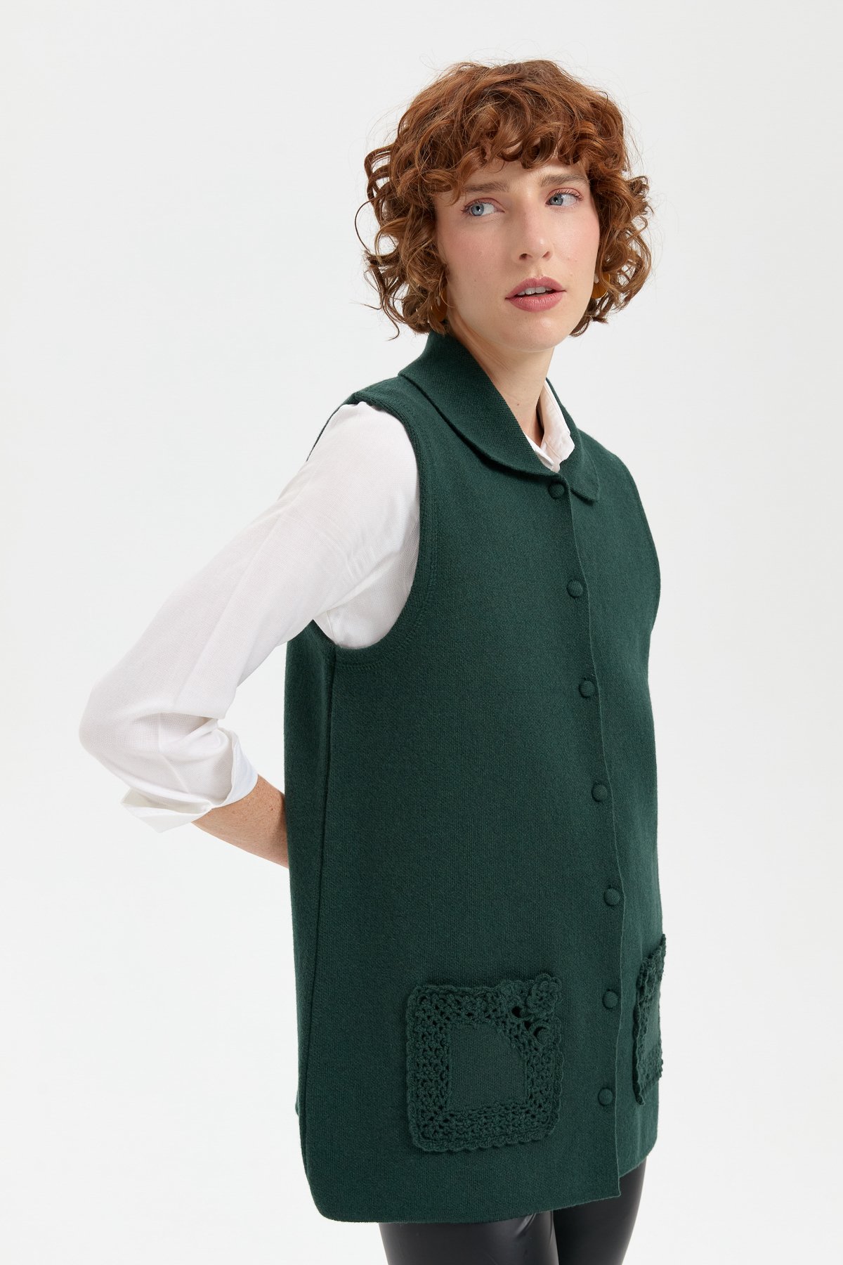 24014Kadın Polo Yaka Düğmeli Kısa Yün Yelek Yeşil