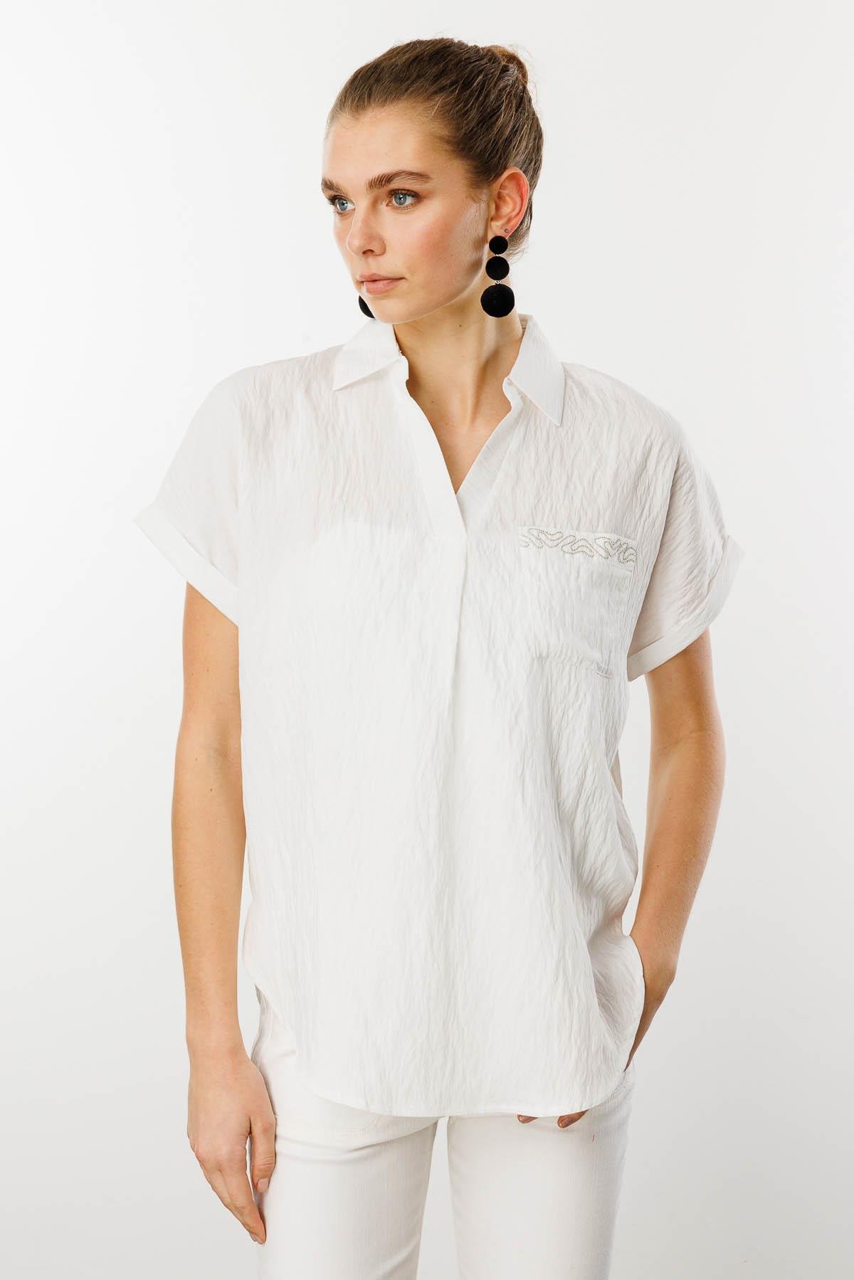 25843Kadın Polo Yaka Düşük Kol Gömlek Ekru