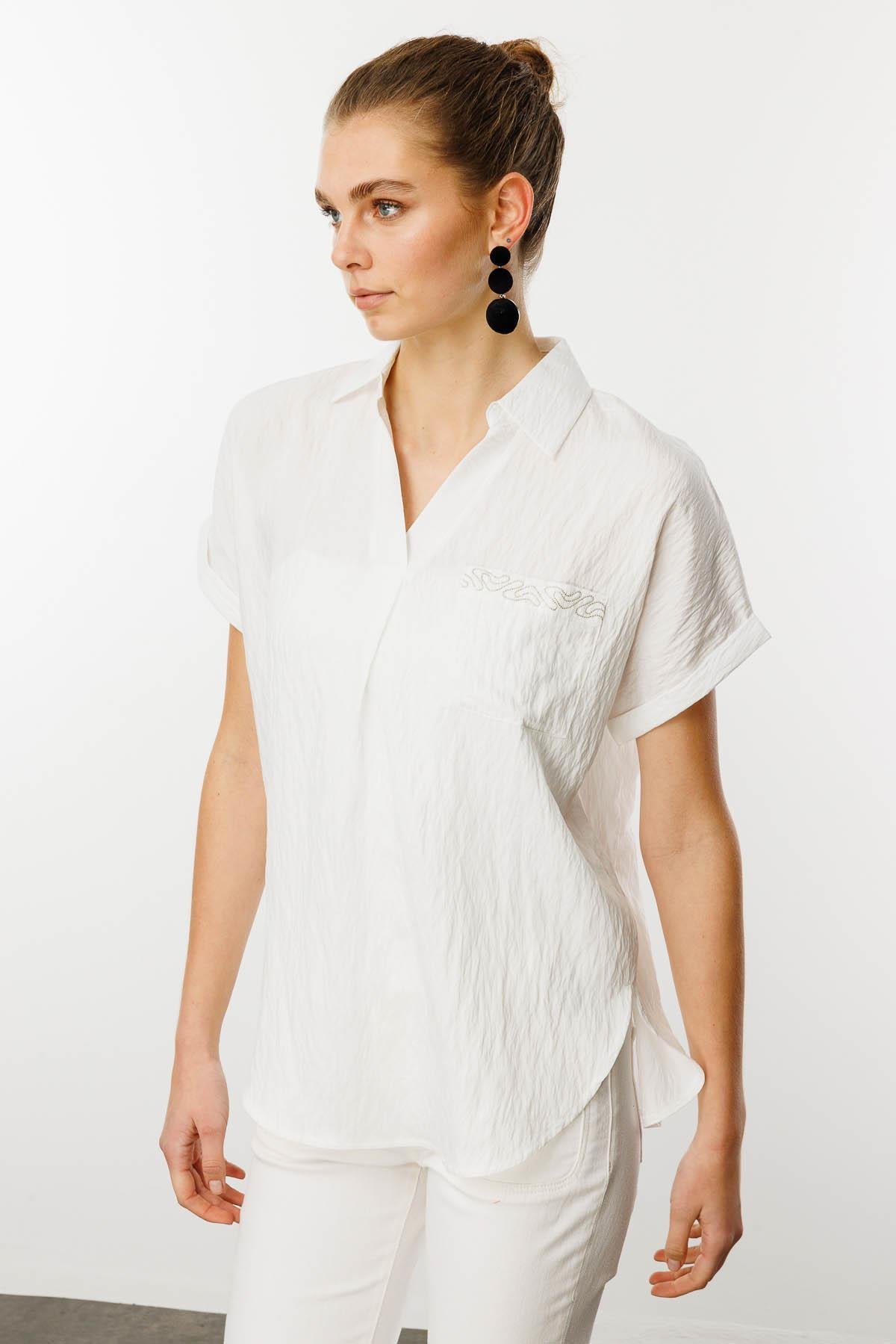 25843Kadın Polo Yaka Düşük Kol Gömlek Ekru