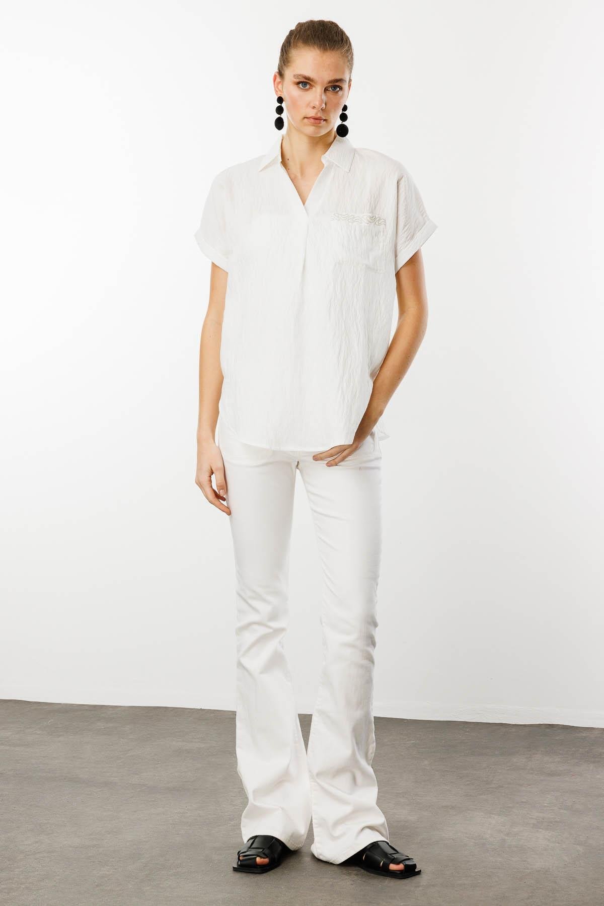 25843Kadın Polo Yaka Düşük Kol Gömlek Ekru