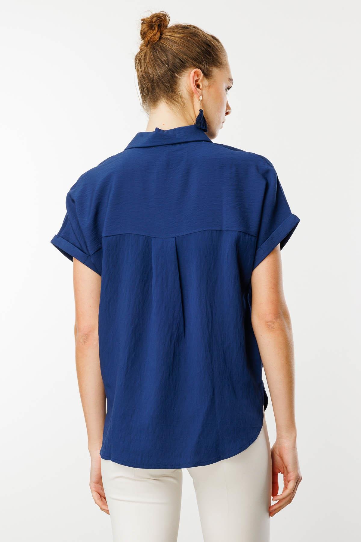 25843Kadın Polo Yaka Düşük Kol Gömlek Lacivert