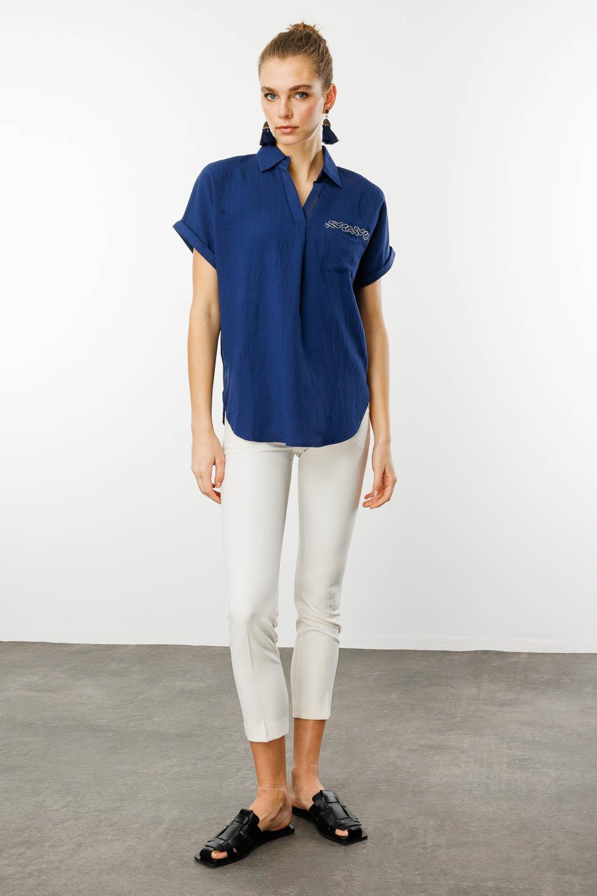 25843Kadın Polo Yaka Düşük Kol Gömlek Lacivert