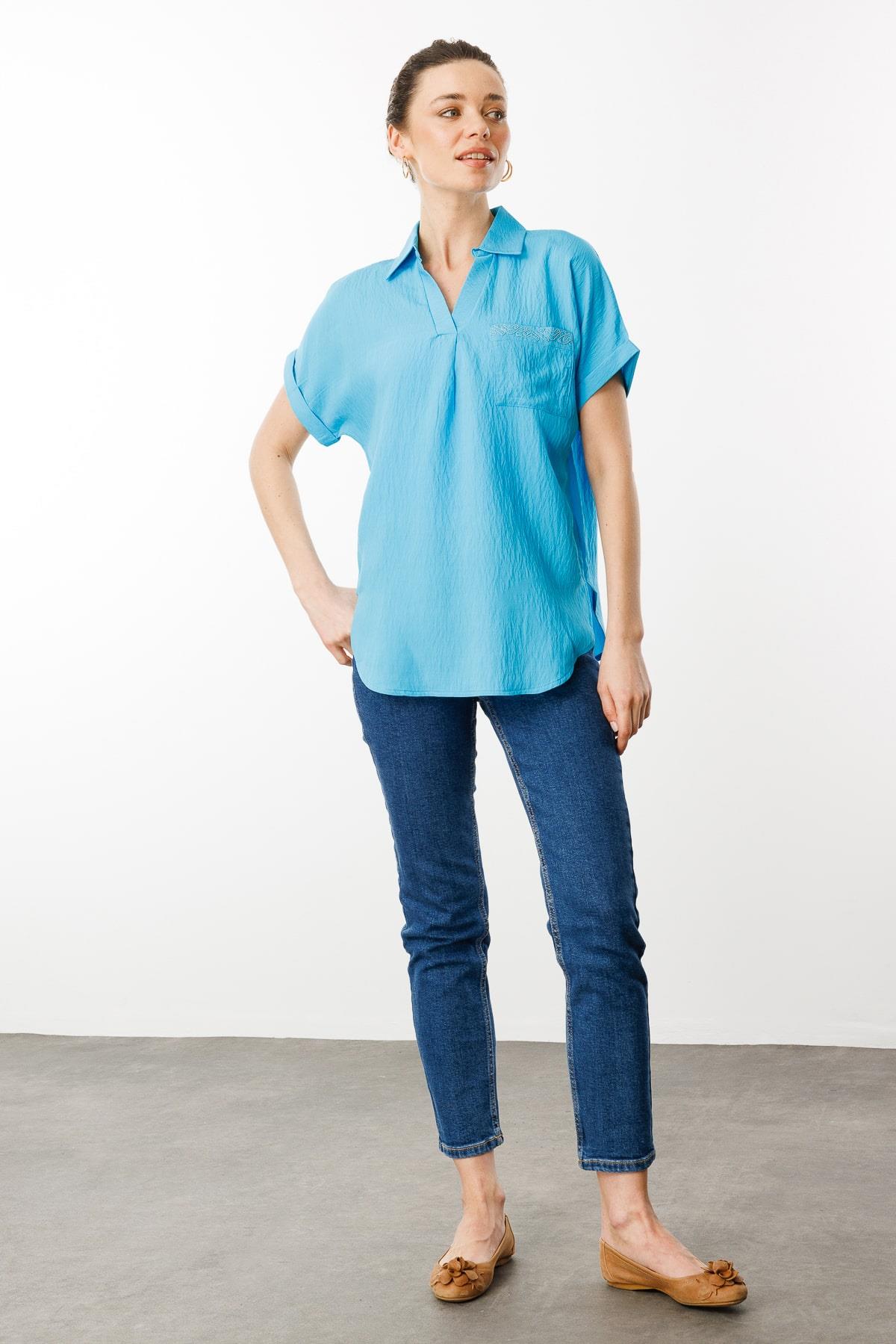 25843Kadın Polo Yaka Düşük Kol Gömlek Mavi