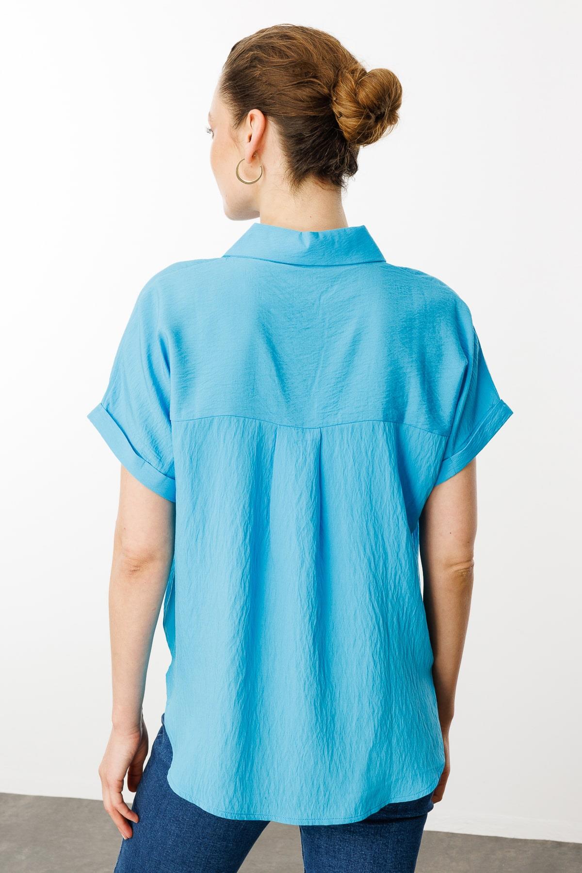 25843Kadın Polo Yaka Düşük Kol Gömlek Mavi