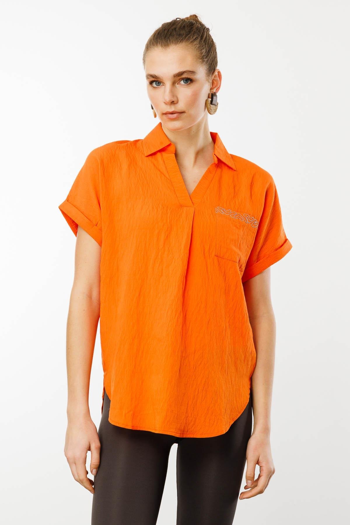 25843Kadın Polo Yaka Düşük Kol Gömlek Oranj