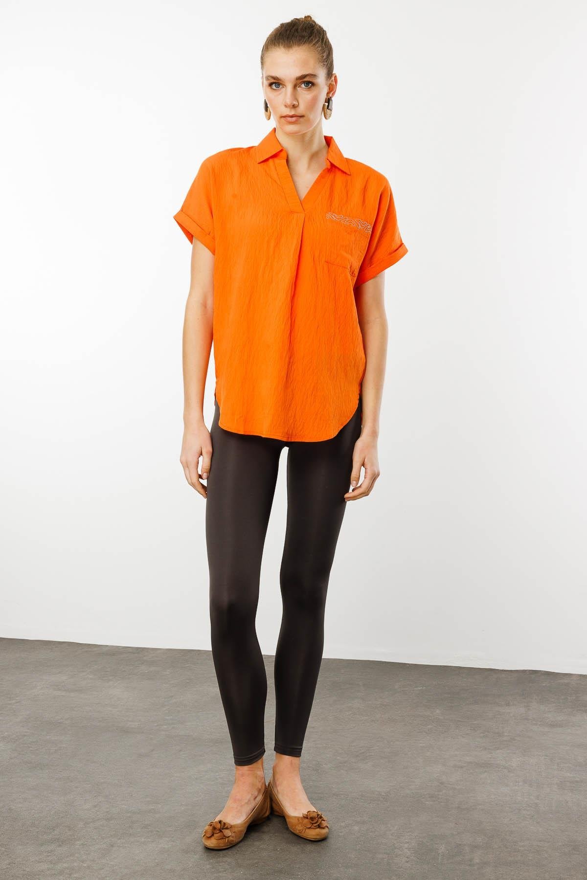 25843Kadın Polo Yaka Düşük Kol Gömlek Oranj