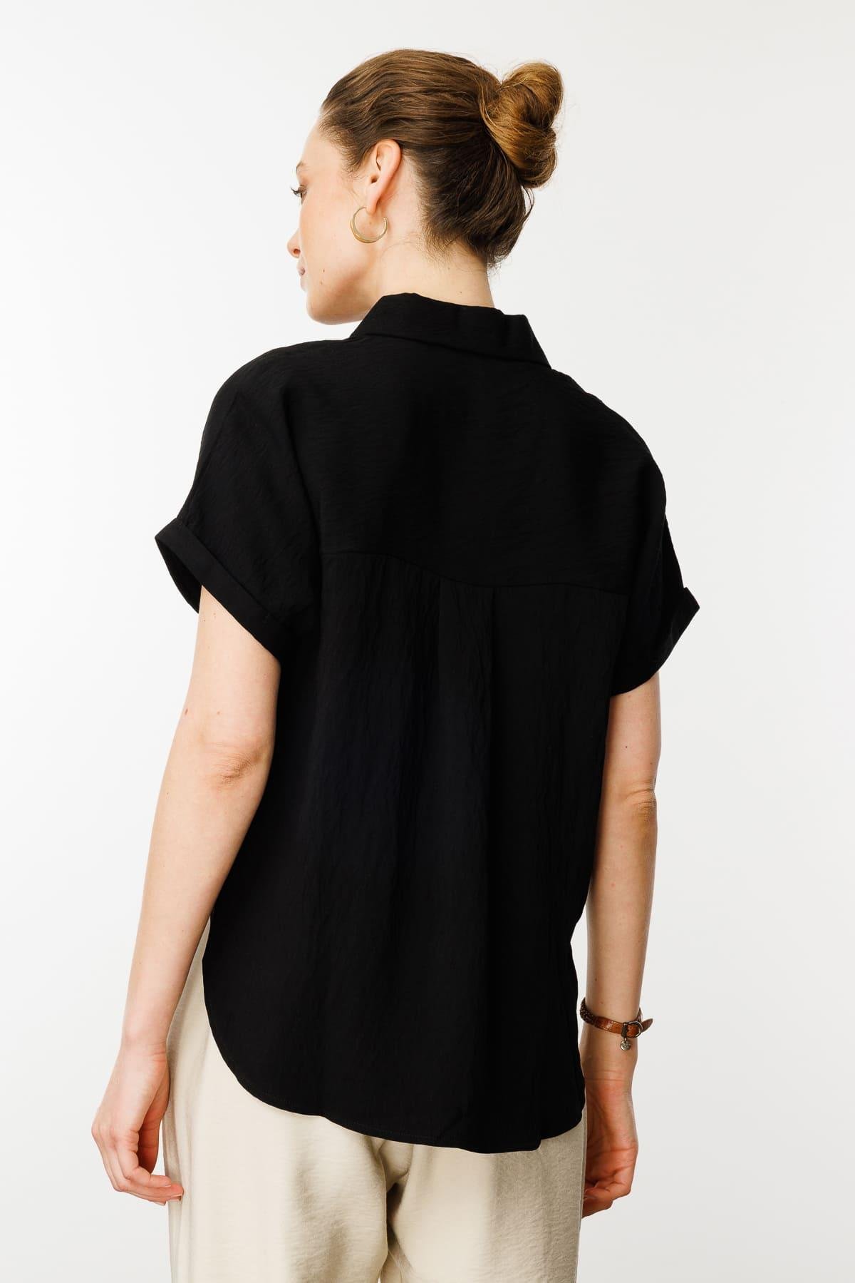 25843Kadın Polo Yaka Düşük Kol Gömlek Siyah