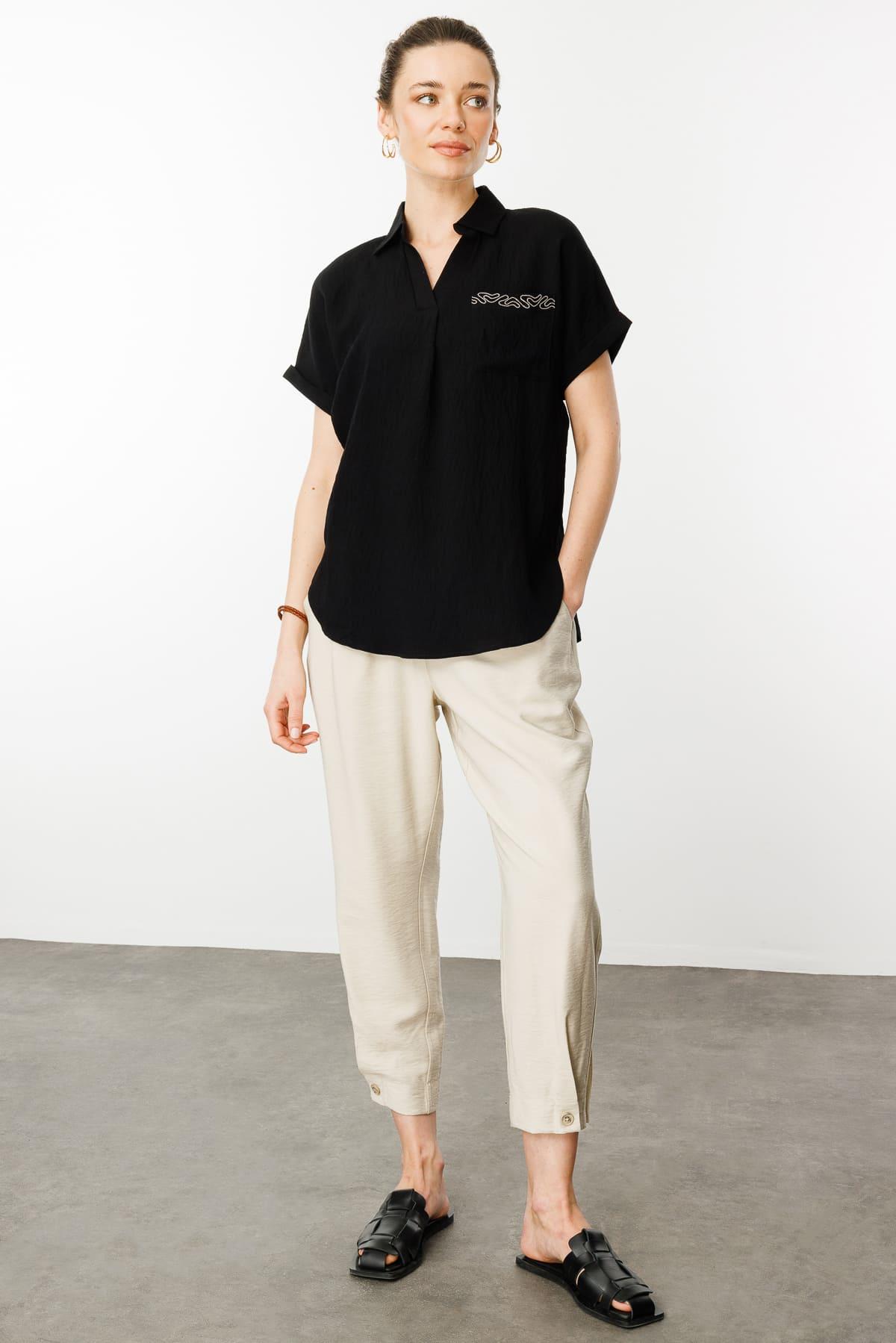 25843Kadın Polo Yaka Düşük Kol Gömlek Siyah