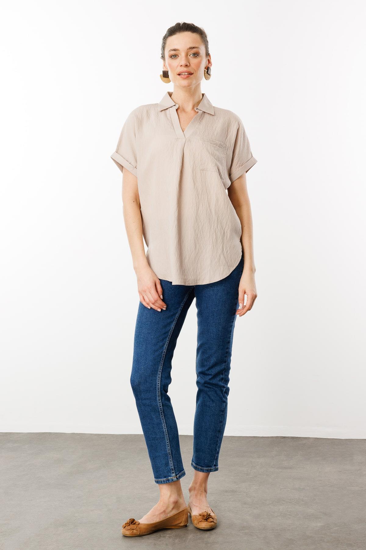 25843Kadın Polo Yaka Düşük Kol Gömlek Vizon