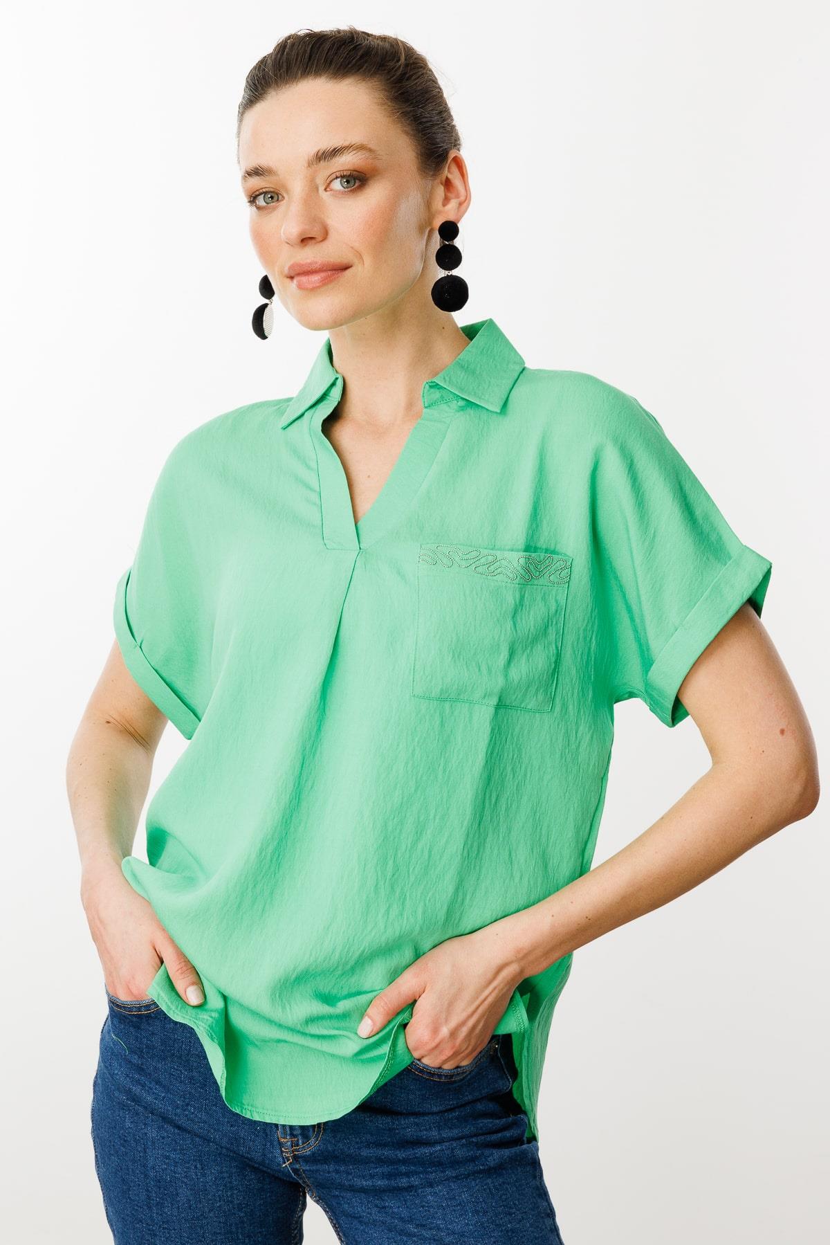 25843Kadın Polo Yaka Düşük Kol Gömlek Yeşil