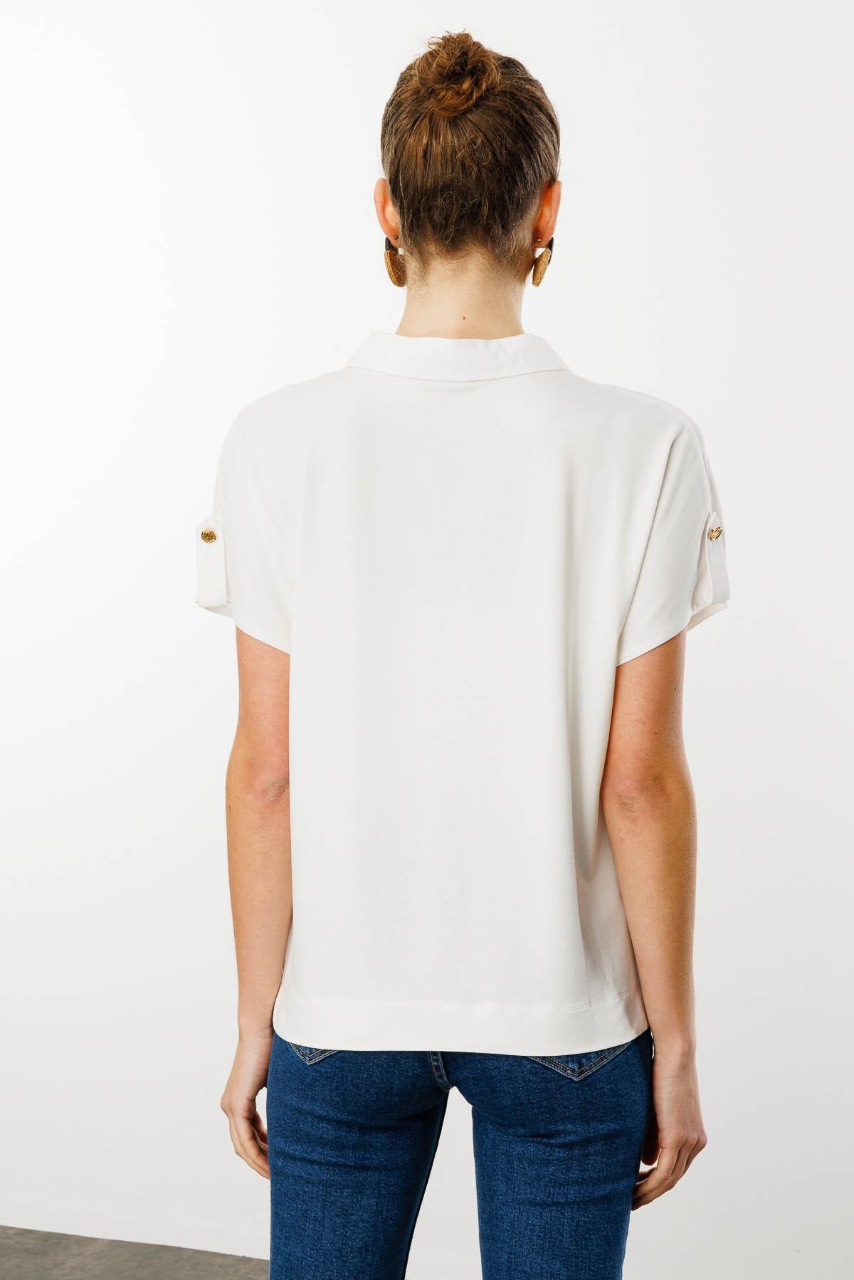 25842Kadın Polo Yaka Düşük Kollu Gömlek Ekru