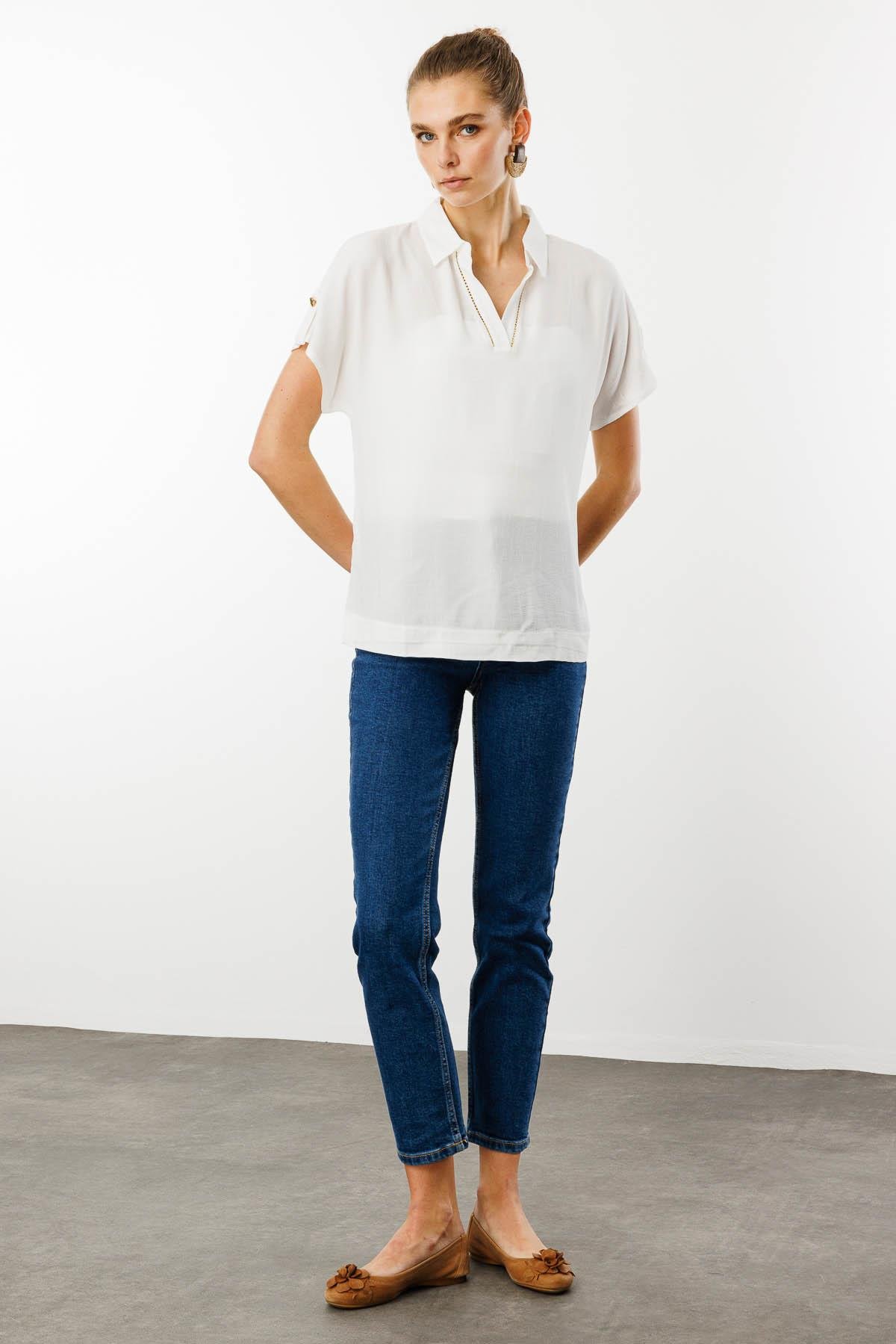 25842Kadın Polo Yaka Düşük Kollu Gömlek Ekru