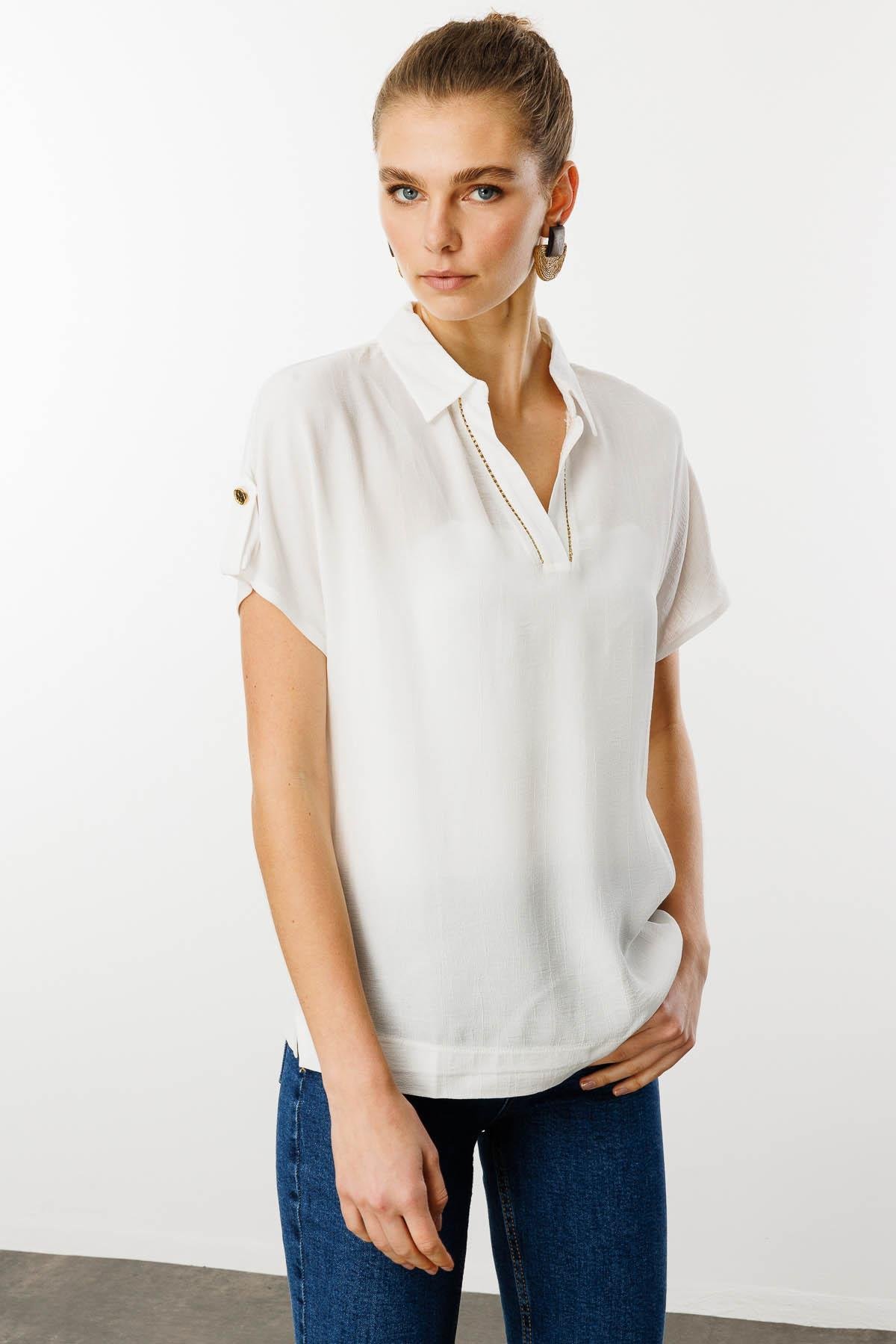 25842Kadın Polo Yaka Düşük Kollu Gömlek Ekru