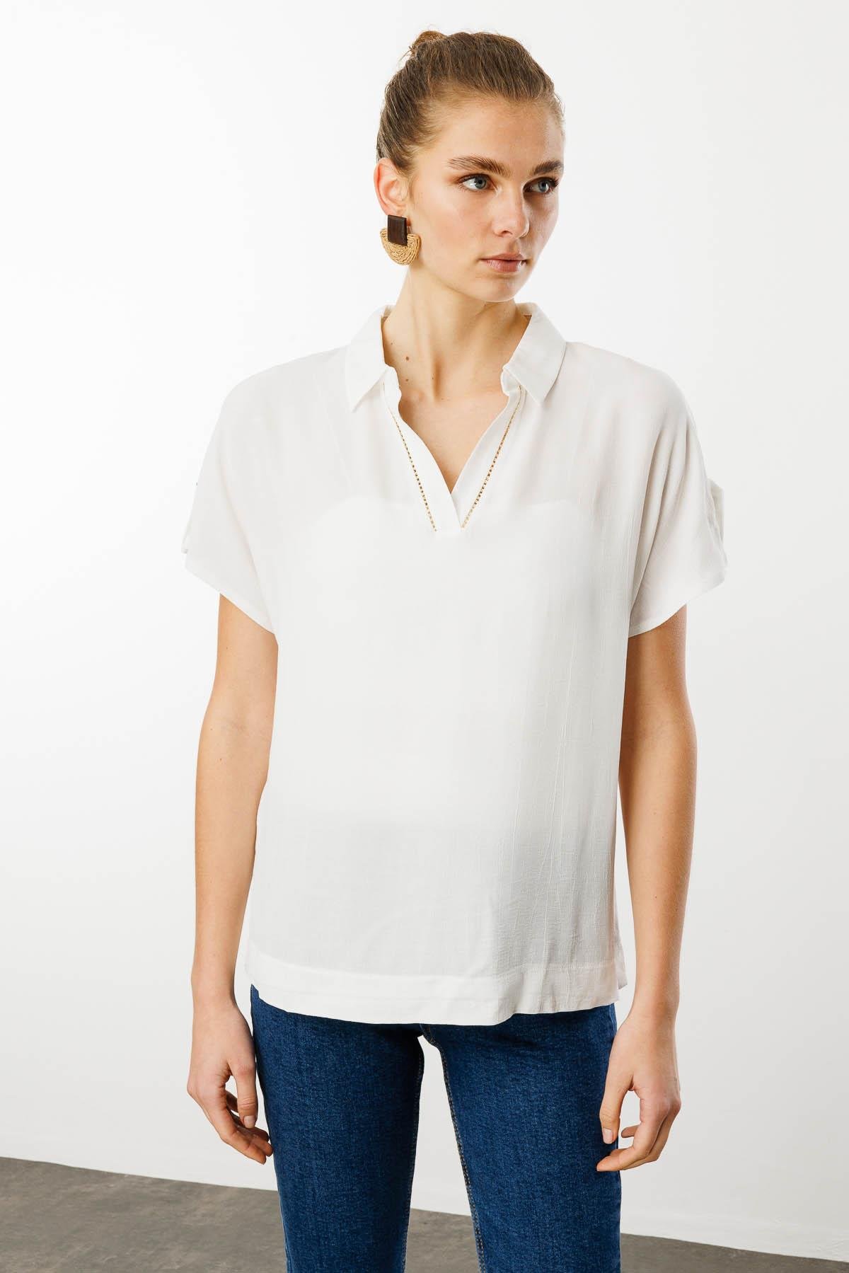 25842Kadın Polo Yaka Düşük Kollu Gömlek Ekru