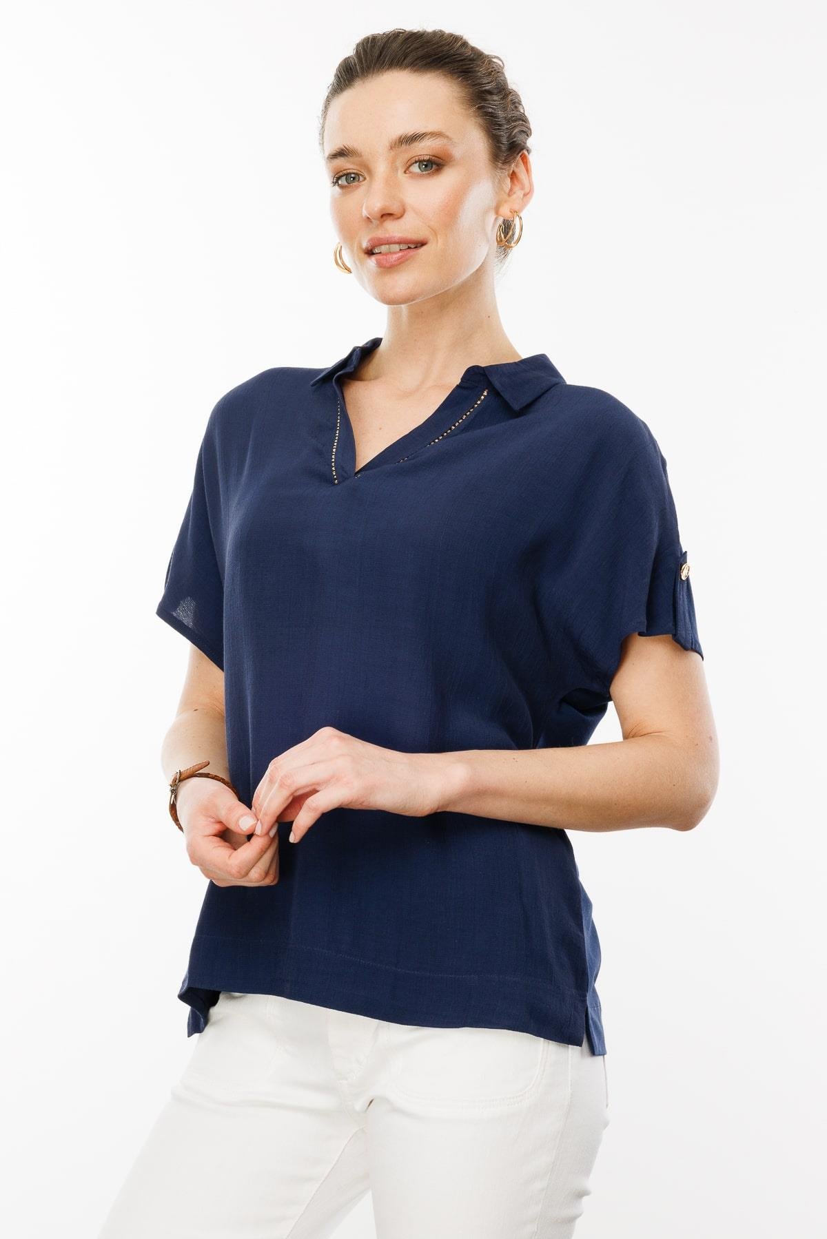 25842Kadın Polo Yaka Düşük Kollu Gömlek Lacivert
