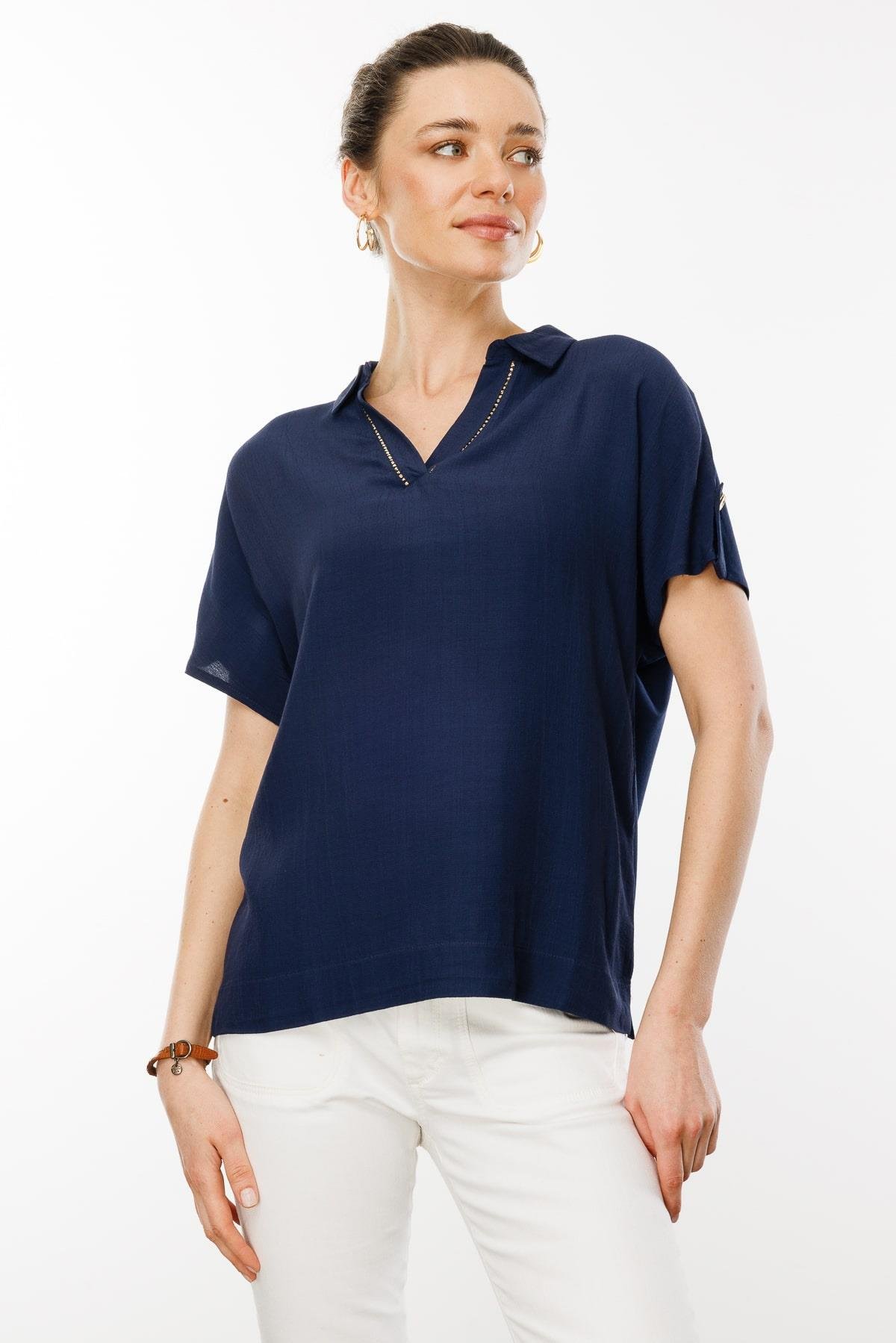 25842Kadın Polo Yaka Düşük Kollu Gömlek Lacivert