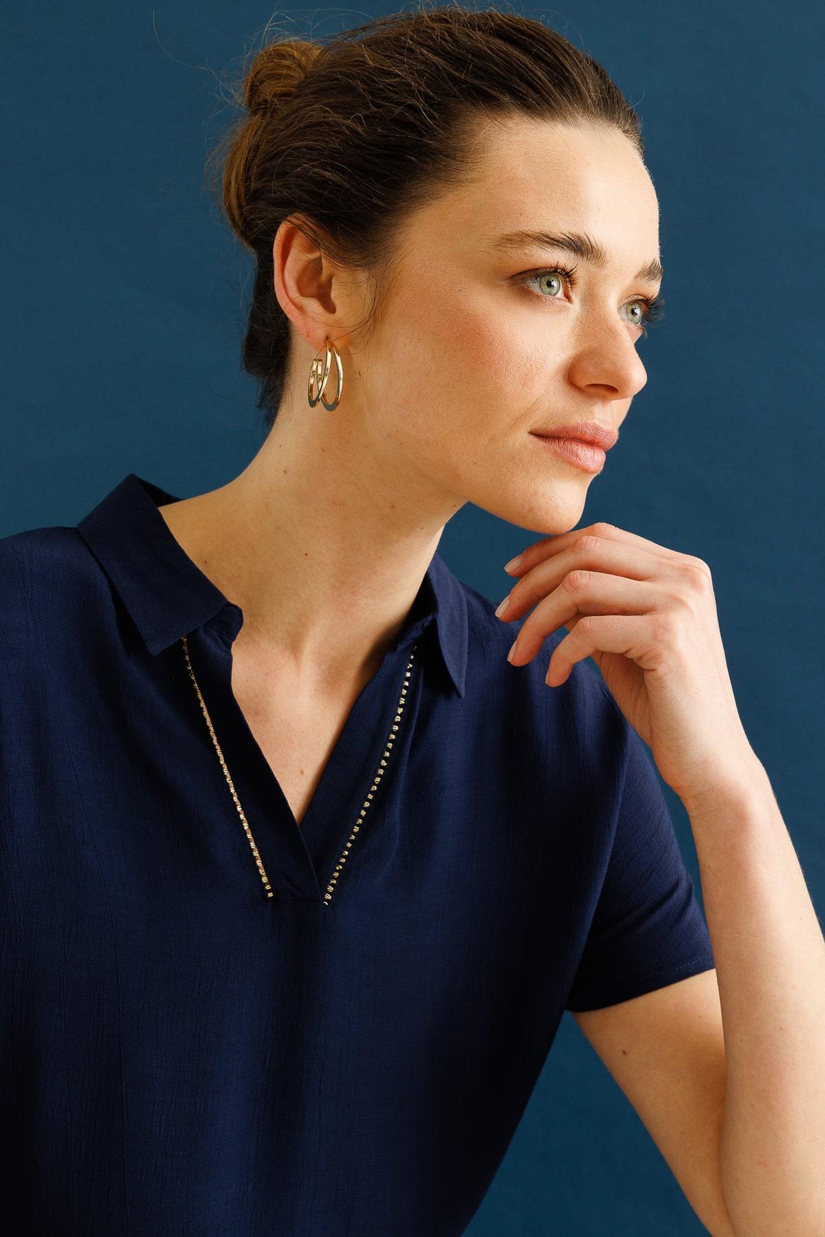 25842Kadın Polo Yaka Düşük Kollu Gömlek Lacivert