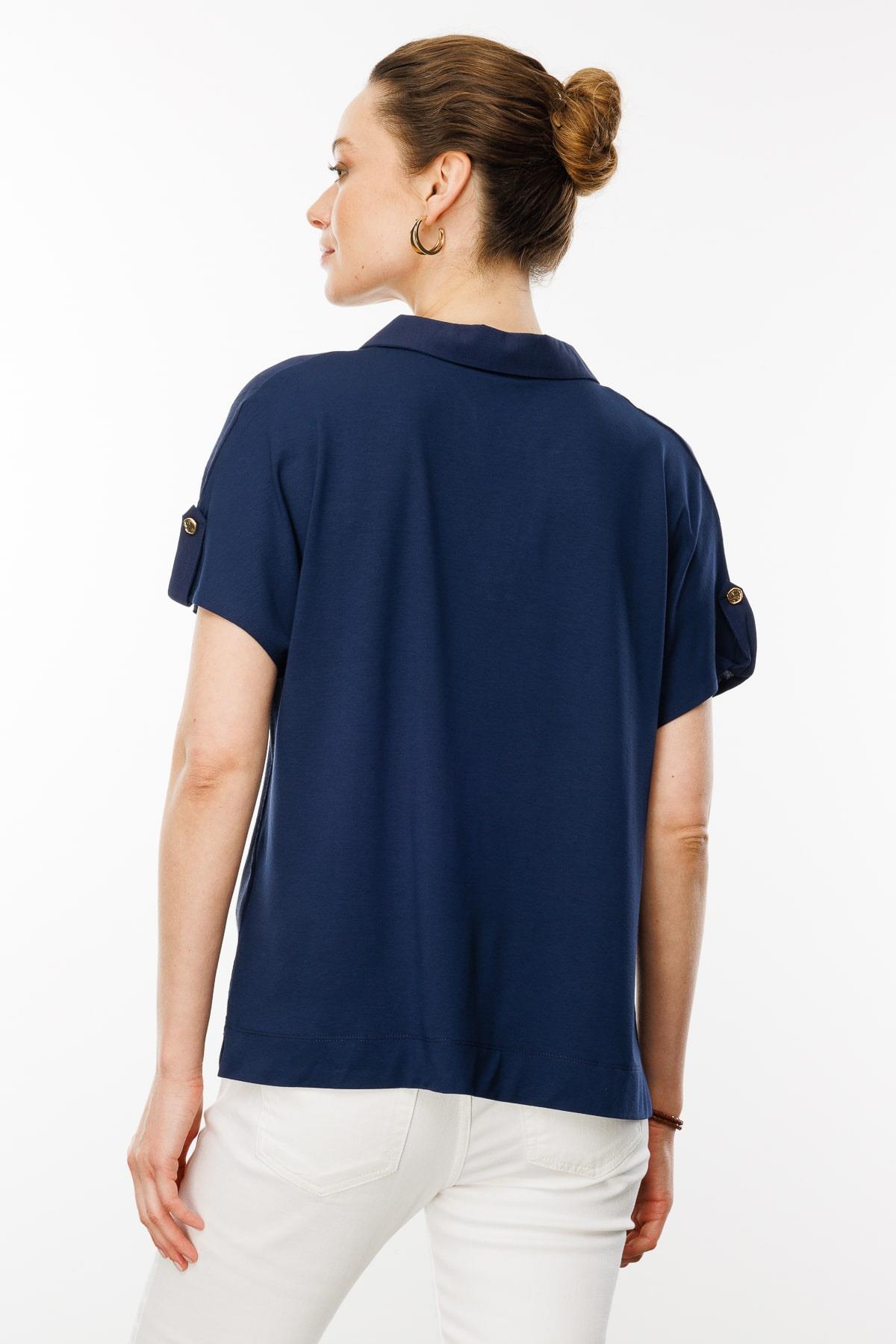 25842Kadın Polo Yaka Düşük Kollu Gömlek Lacivert