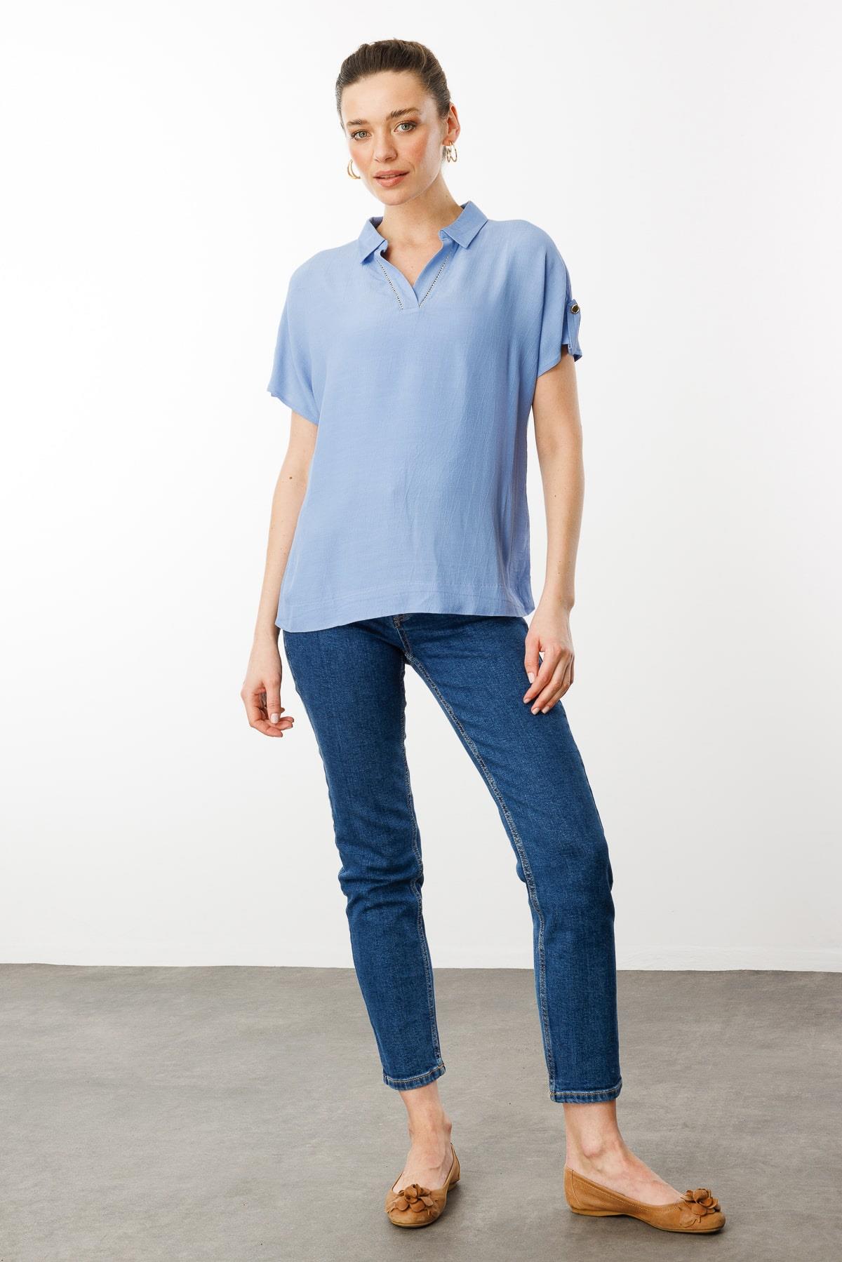 25842Kadın Polo Yaka Düşük Kollu Gömlek Mavi