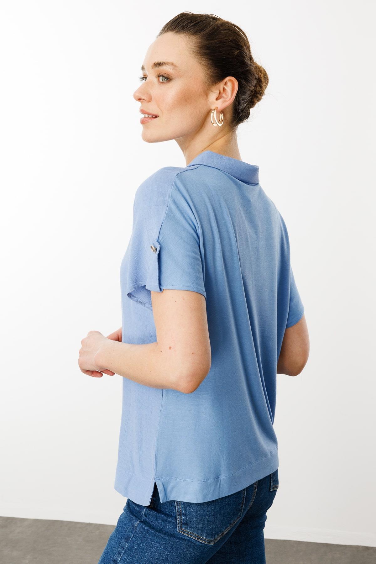 25842Kadın Polo Yaka Düşük Kollu Gömlek Mavi