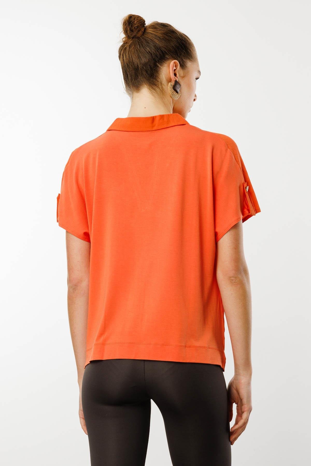 25842Kadın Polo Yaka Düşük Kollu Gömlek Oranj