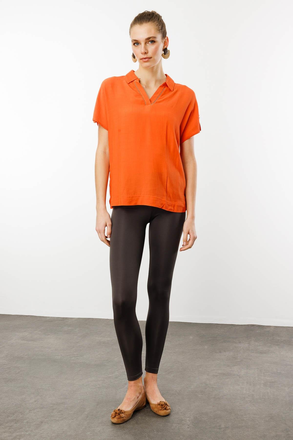 25842Kadın Polo Yaka Düşük Kollu Gömlek Oranj