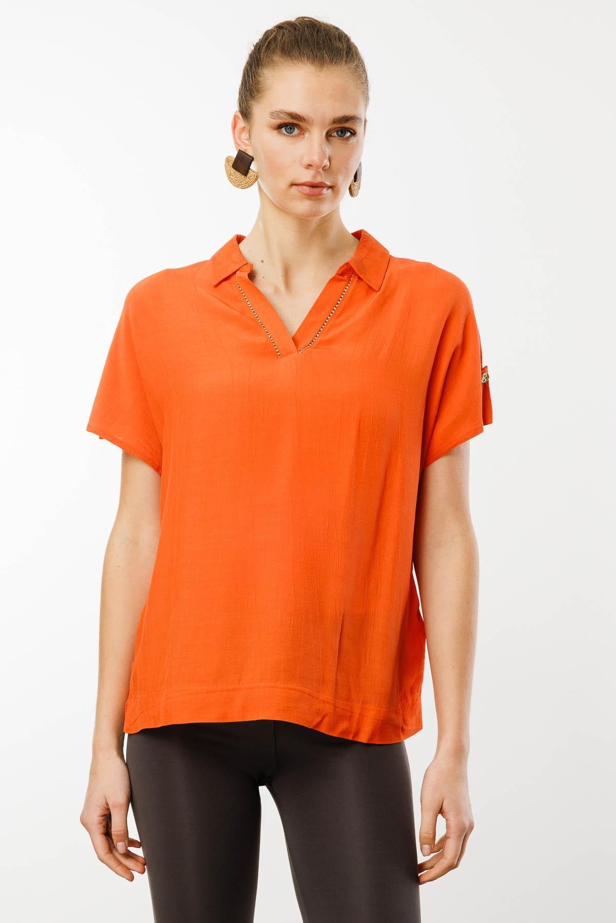 25842Kadın Polo Yaka Düşük Kollu Gömlek Oranj