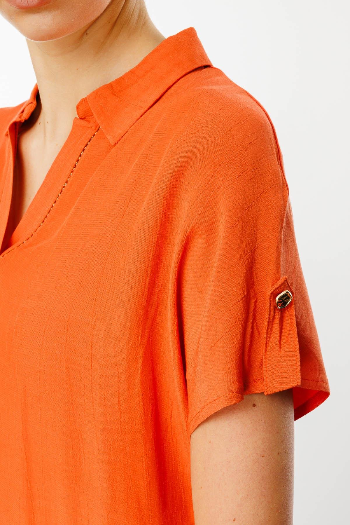 25842Kadın Polo Yaka Düşük Kollu Gömlek Oranj