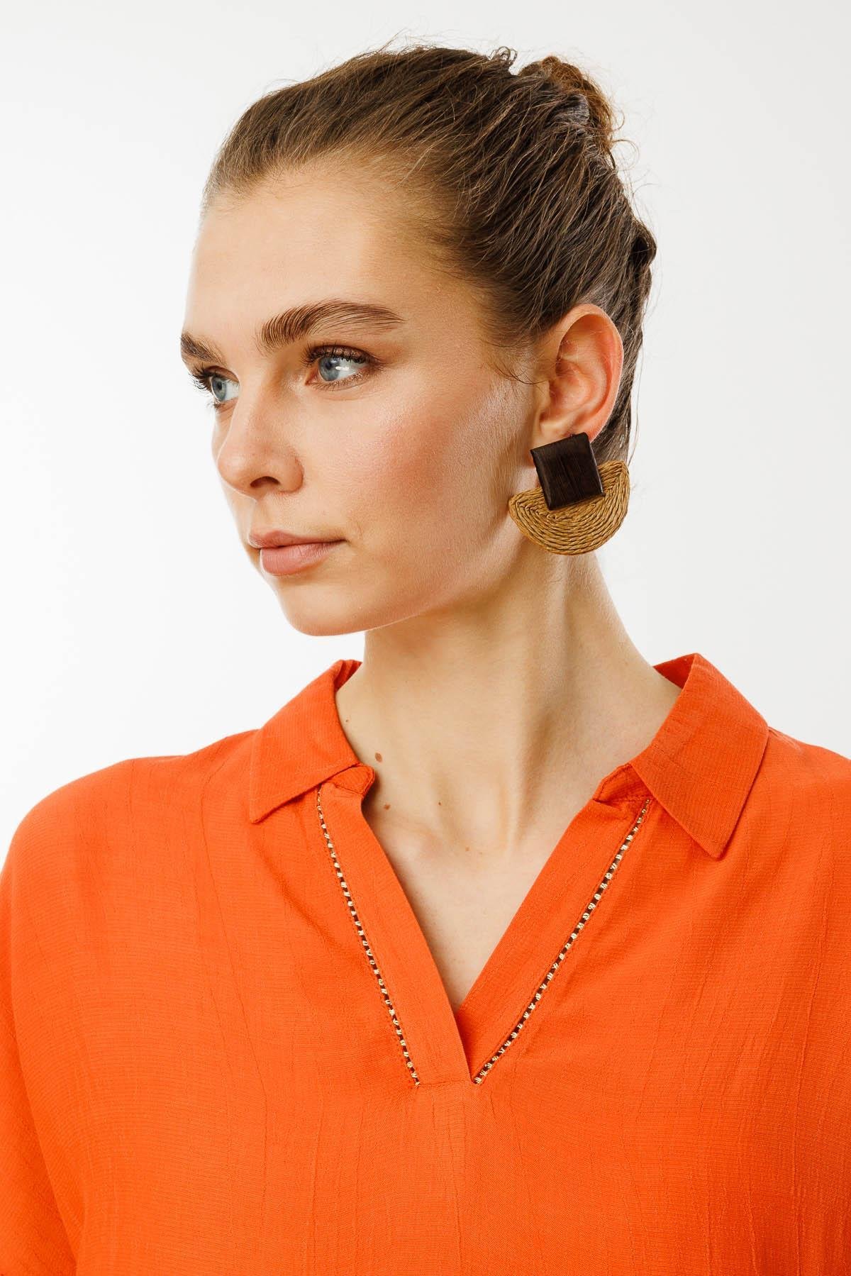 25842Kadın Polo Yaka Düşük Kollu Gömlek Oranj