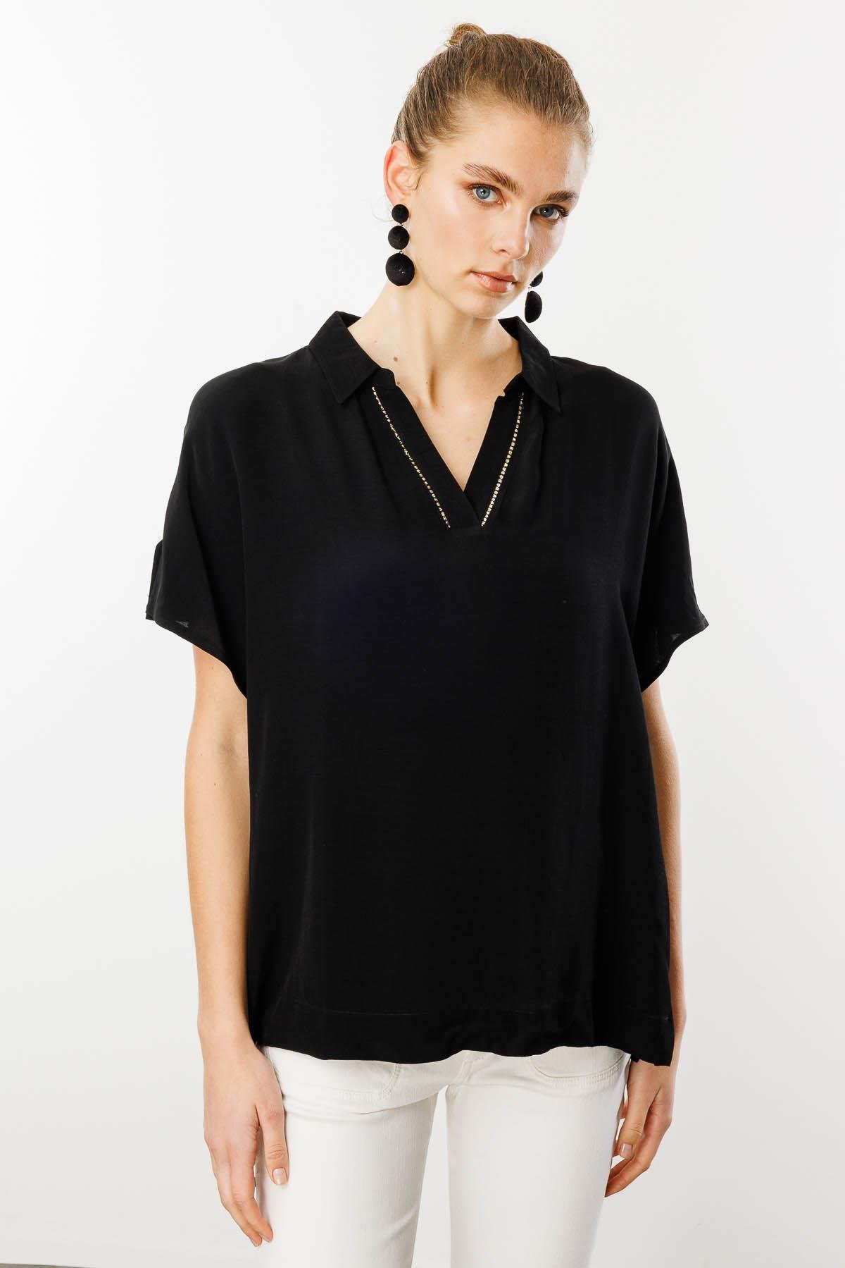 25842Kadın Polo Yaka Düşük Kollu Gömlek Siyah