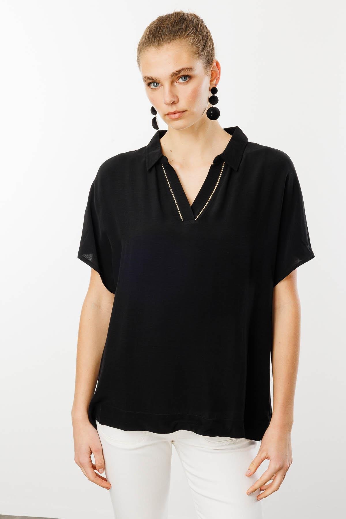 25842Kadın Polo Yaka Düşük Kollu Gömlek Siyah