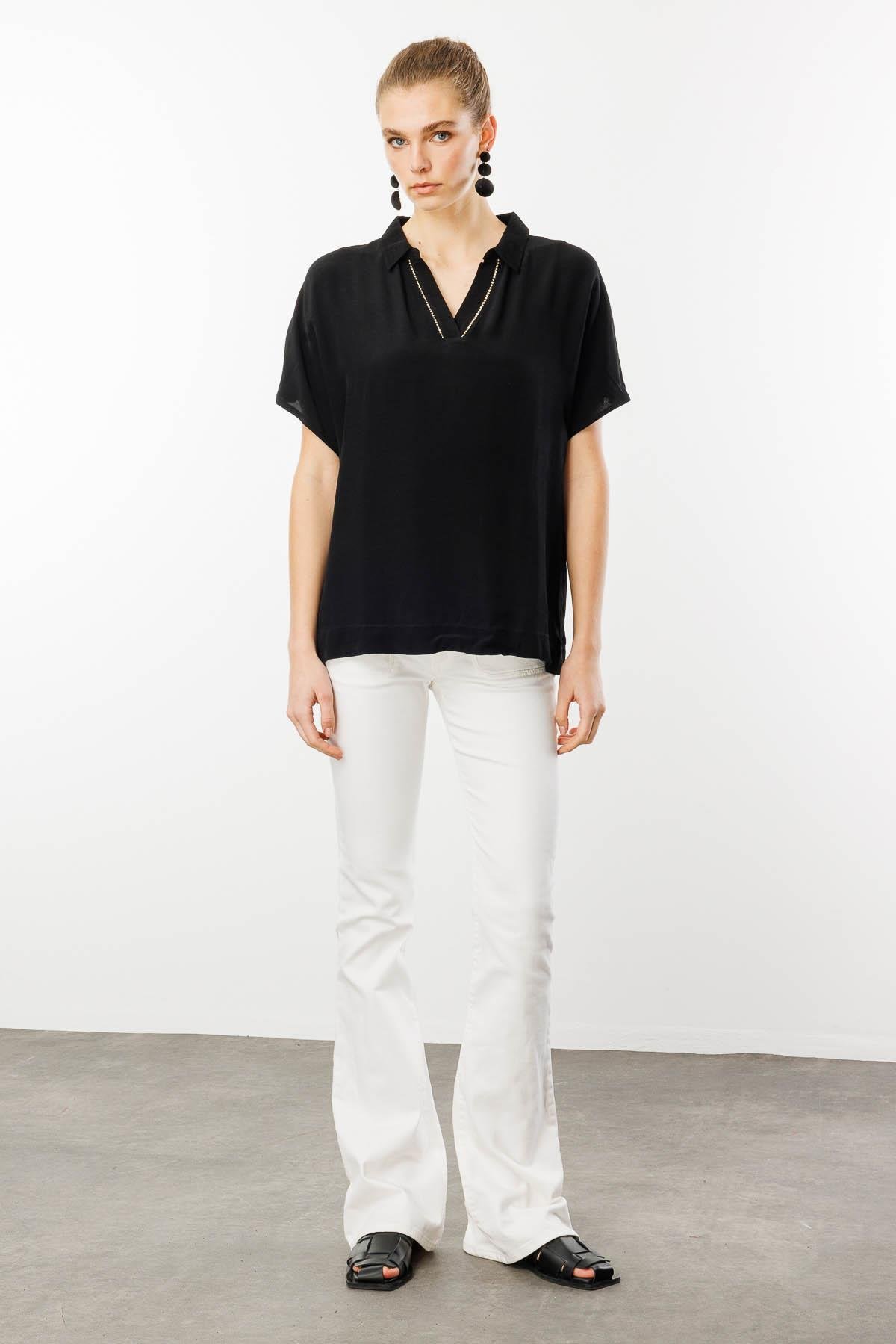 25842Kadın Polo Yaka Düşük Kollu Gömlek Siyah