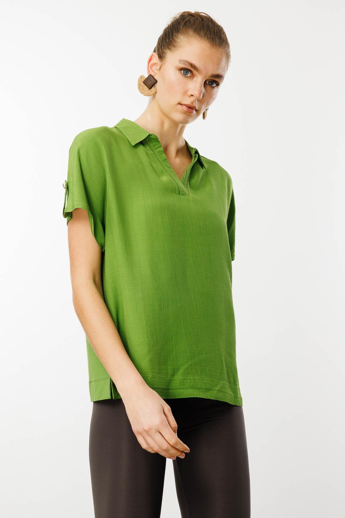 25842Kadın Polo Yaka Düşük Kollu Gömlek Yeşil