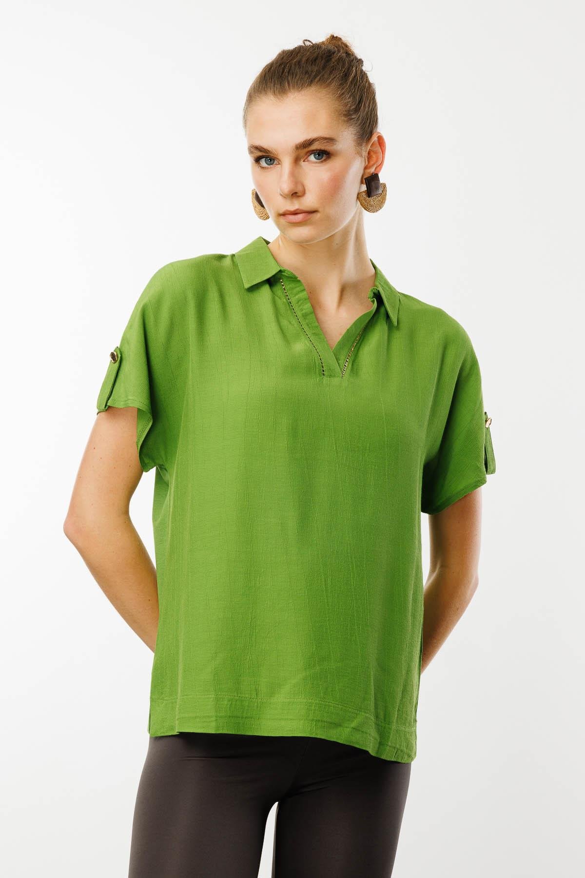 25842Kadın Polo Yaka Düşük Kollu Gömlek Yeşil