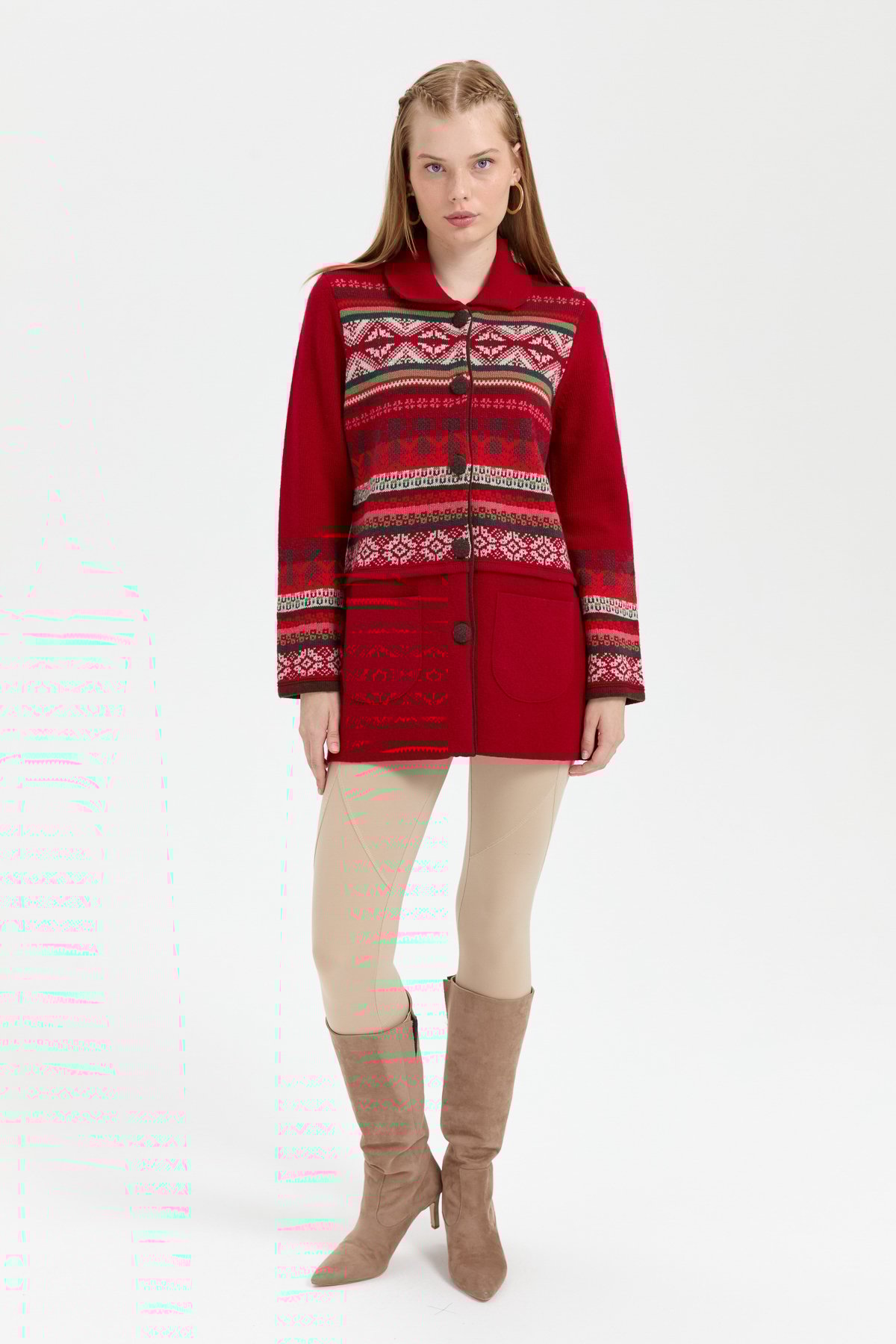 24078Kadın Polo Yaka Eteği Keçeli Araboy Yün Kaban K.Kırmızı