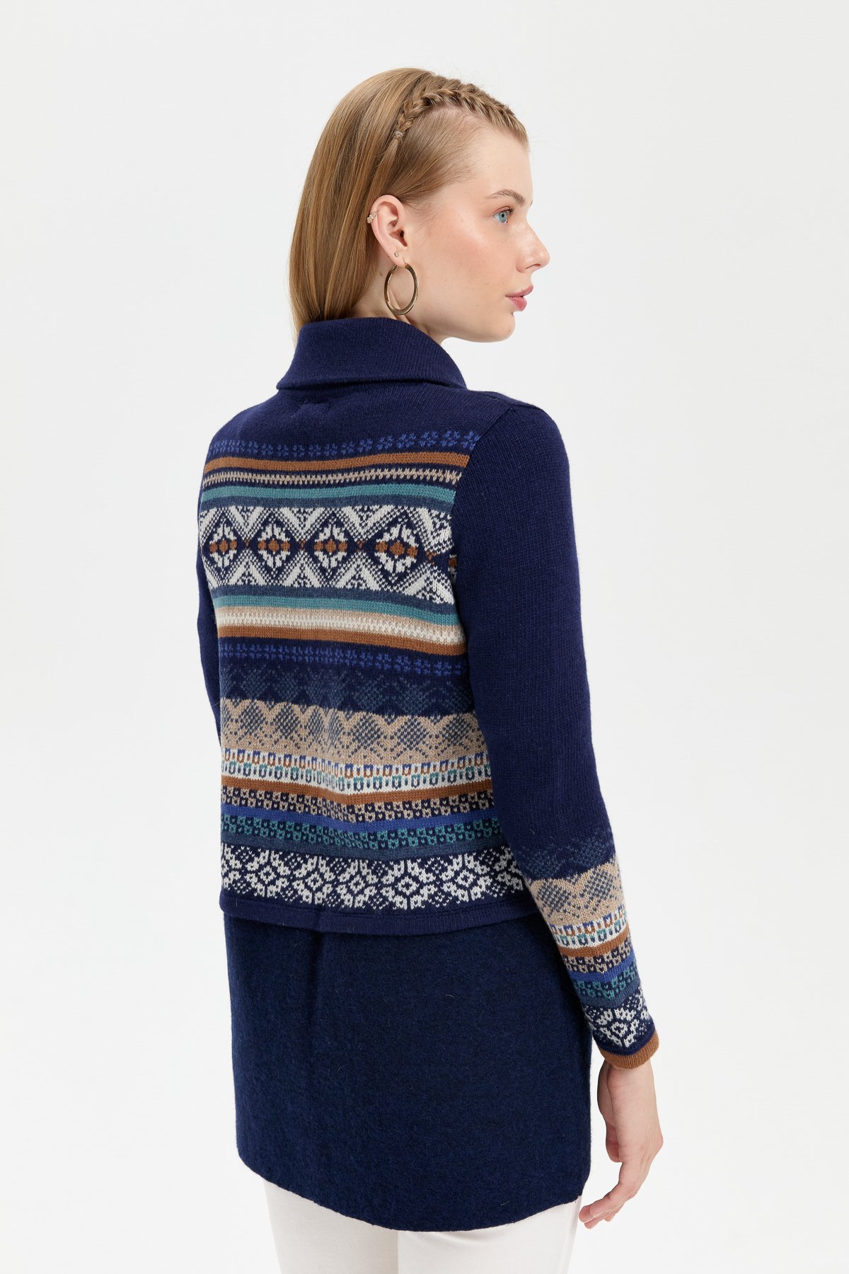 24078Kadın Polo Yaka Eteği Keçeli Araboy Yün Kaban Y.A Lacivert